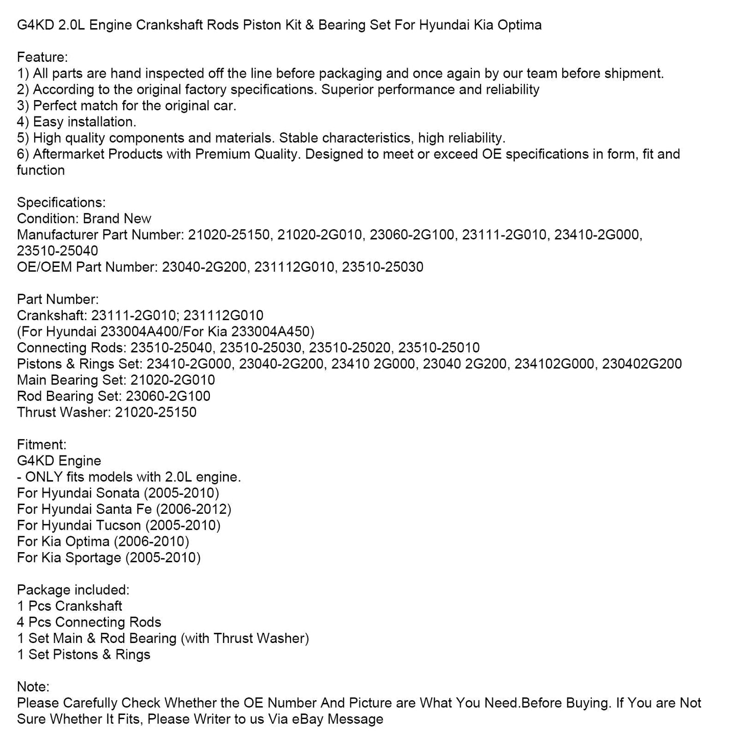 2006-2012 Hyundai Santa Fe G4KD 2.0L Engine Crankshaft Rods Piston Kit & Bearing Set
