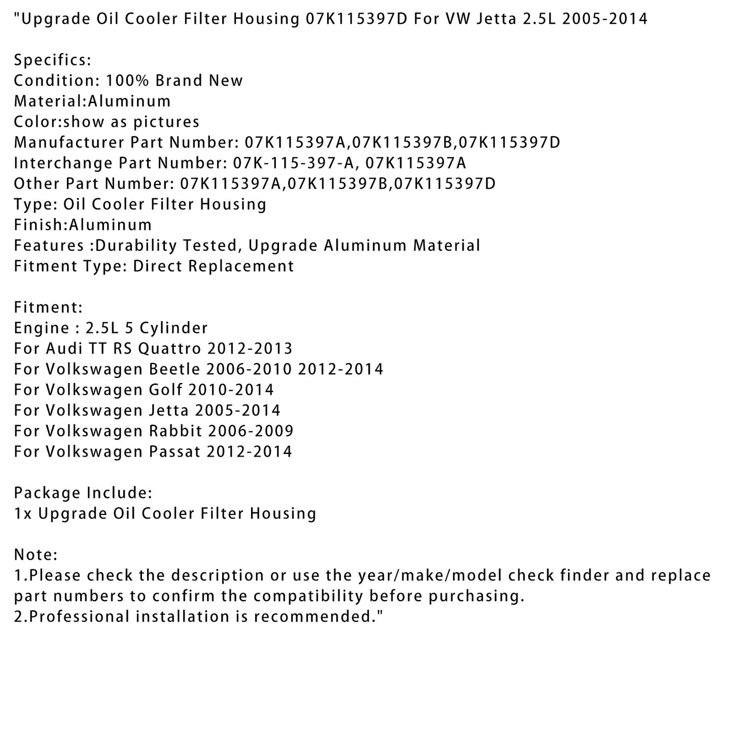 Upgrade Oil Cooler Filter Housing 07K115397D For VW Jetta 2.5L 2005-2014