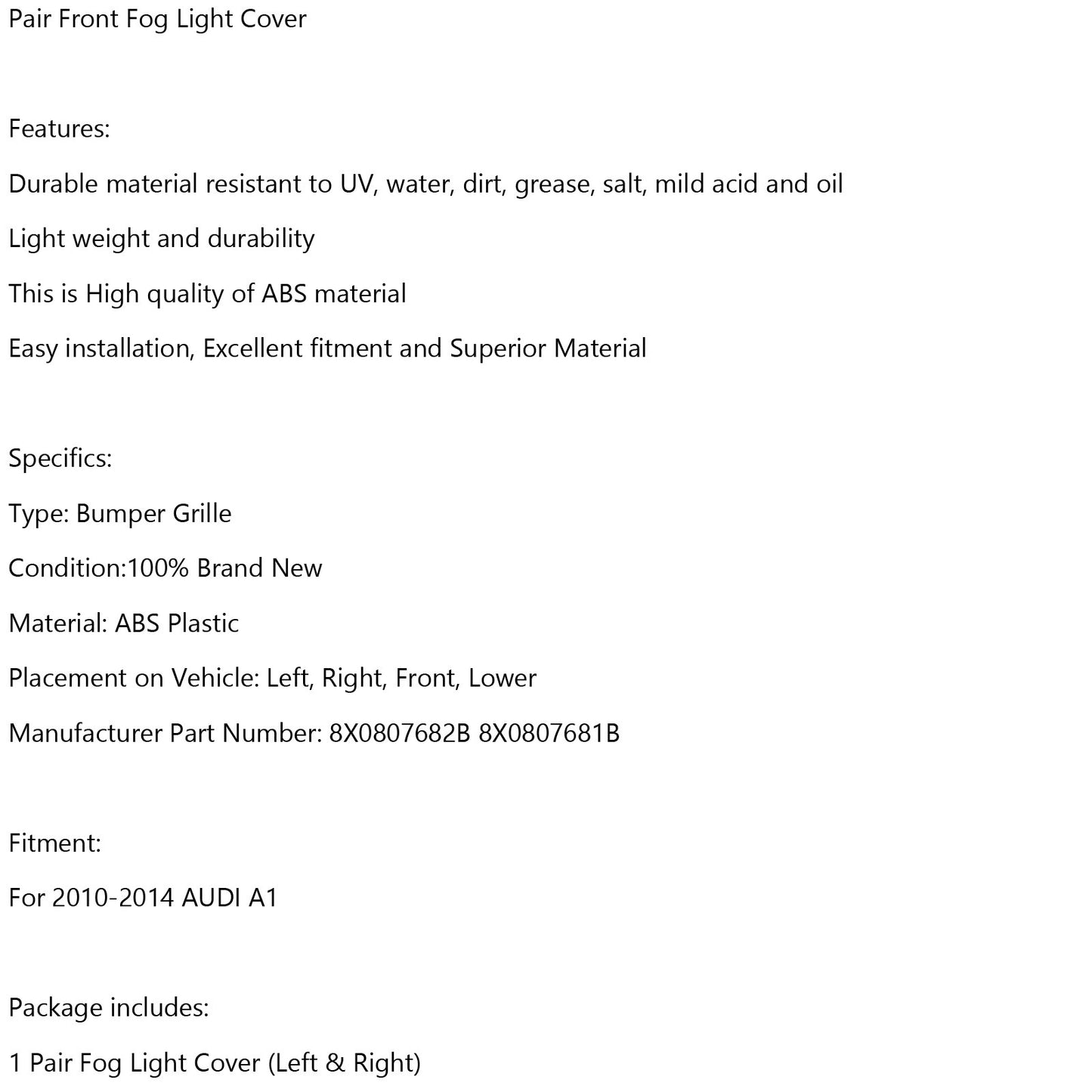 2011-2014 Audi A1 8X S-Line Front Bumper Fog Light Cover Grille 2PCS