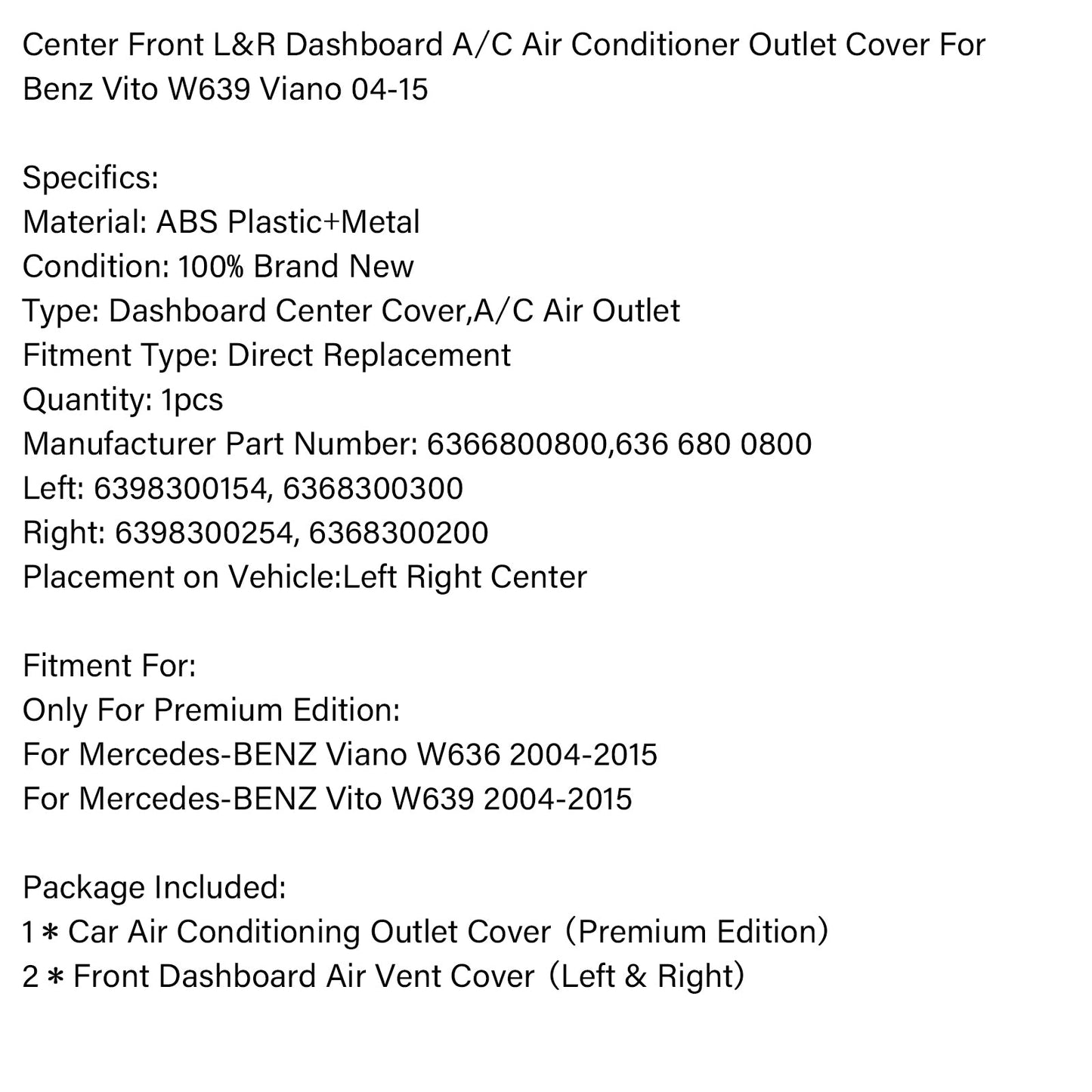 AC Dashboard Center Dash + 2 * Air Vent For Mercedes-Benz W639 Vito Viano 2004-2015