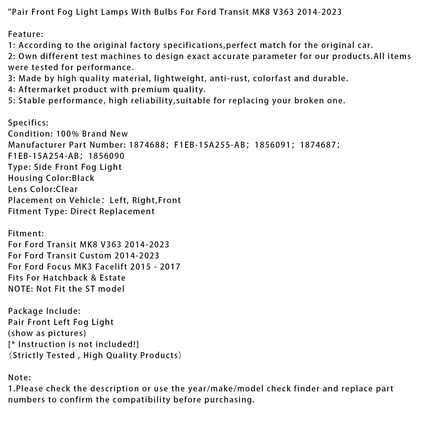 Pair Front Fog Light Lamps With Bulbs For Ford Transit Custom 2014-2023