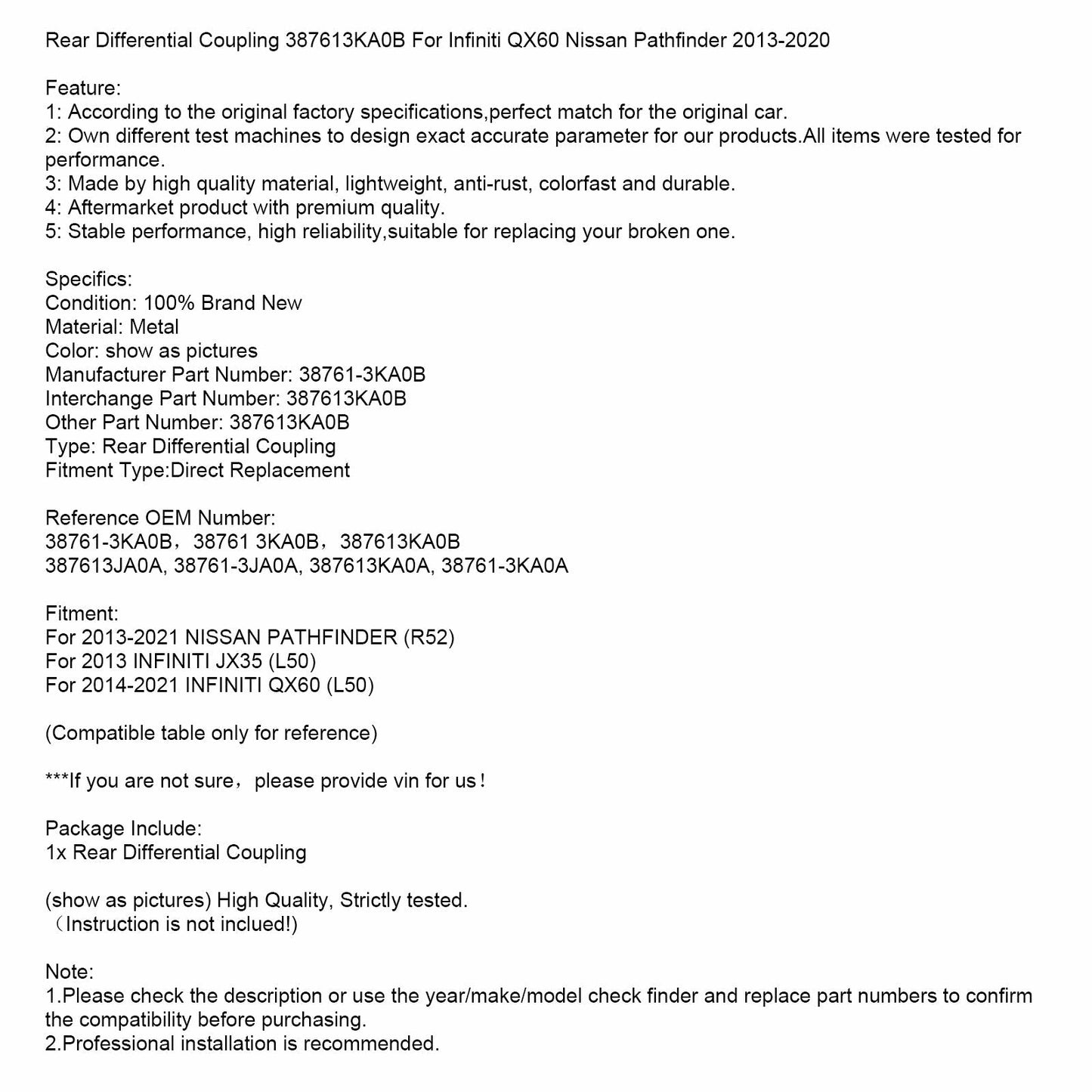 2014-2021 INFINITI QX60 (L50) Rear Differential Coupling 387613KA0B