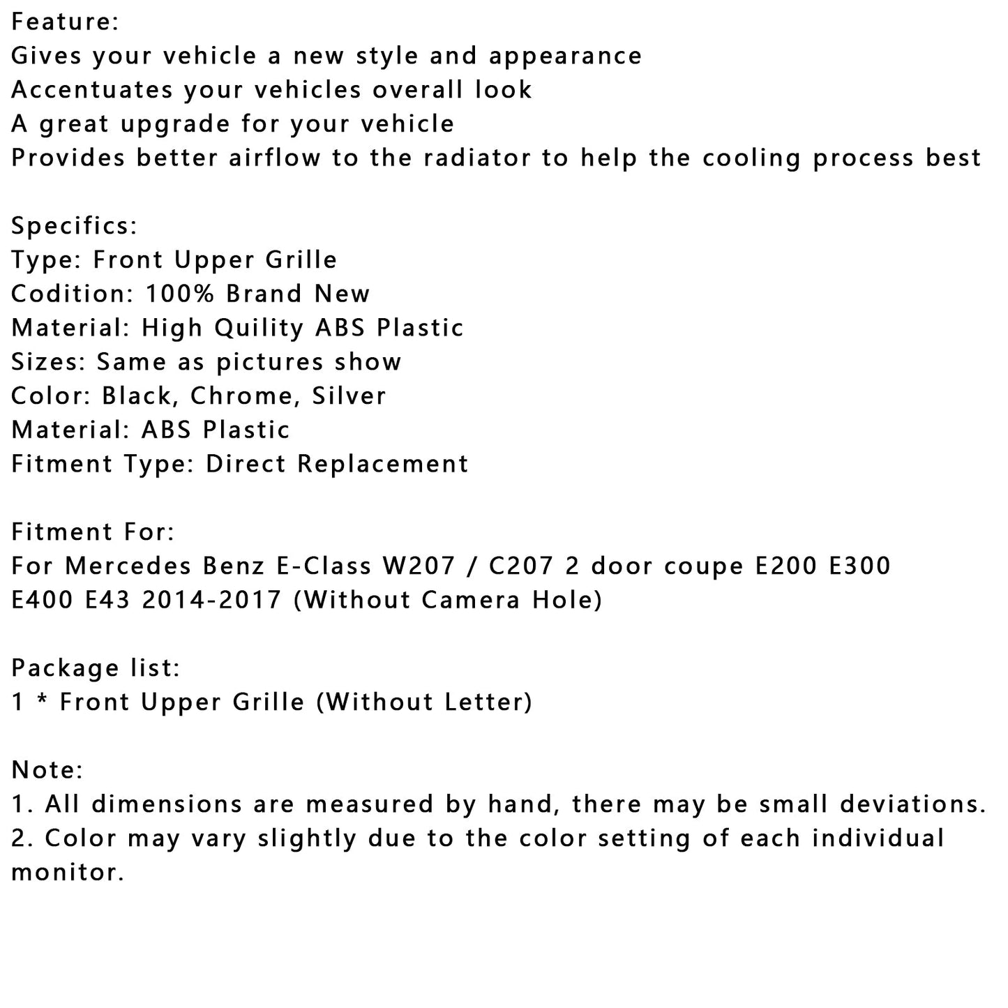 2014-2017 Mercedes Benz E-CLASS W207 Coupe Front Bumper Grill Grille