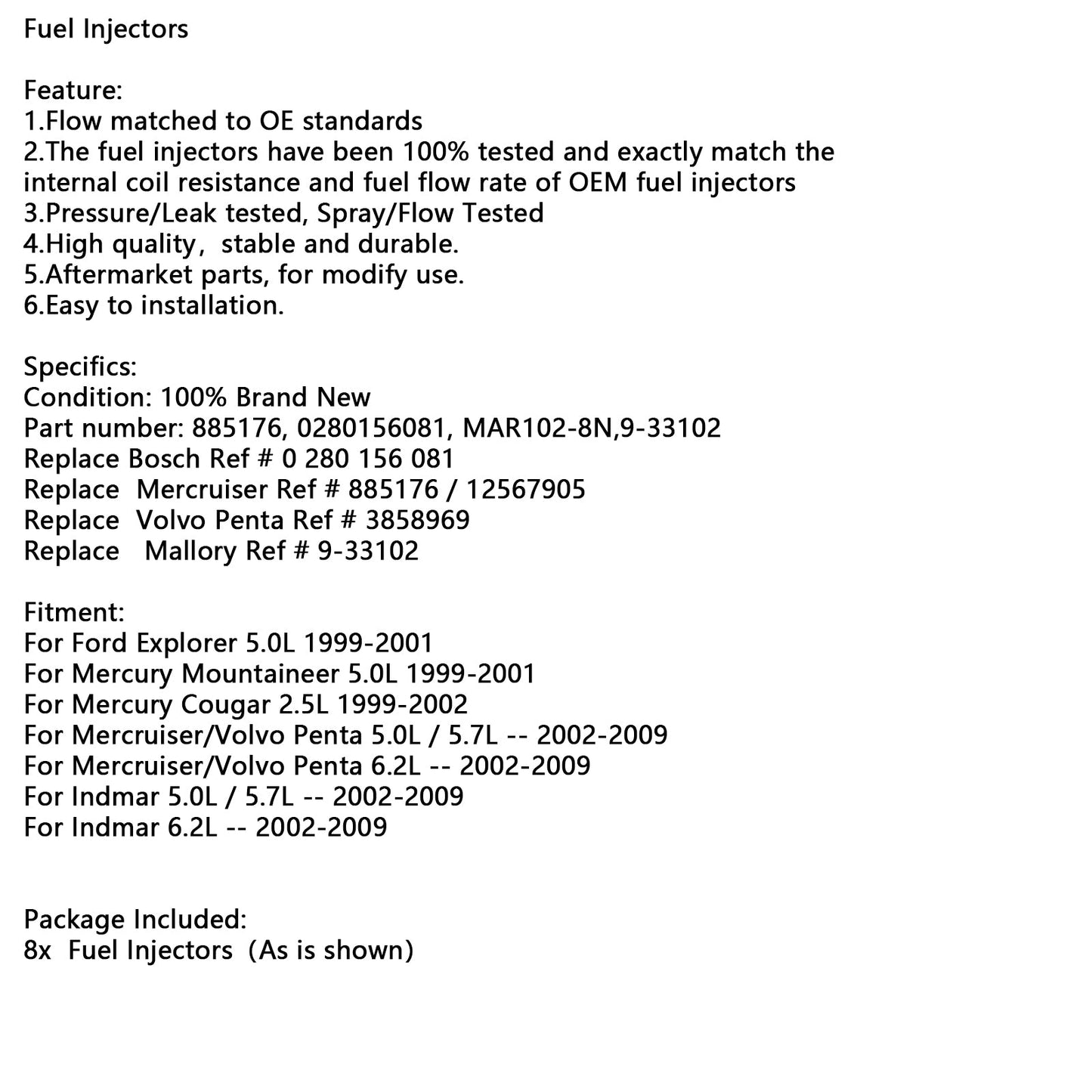 8PCS 885176 0280156081 Fuel Injectors MAR102-8N 9-33102 For Mercury Mercruiser