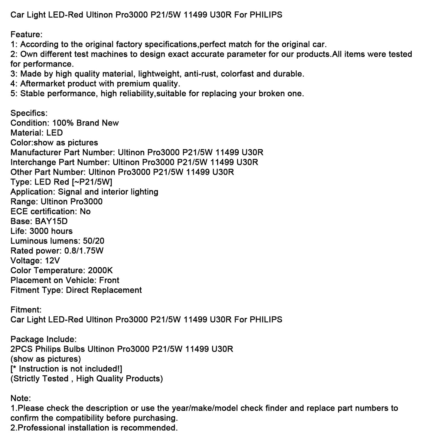 Car Light LED-Red Ultinon Pro3000 P21/5W 11499 U30R For PHILIPS