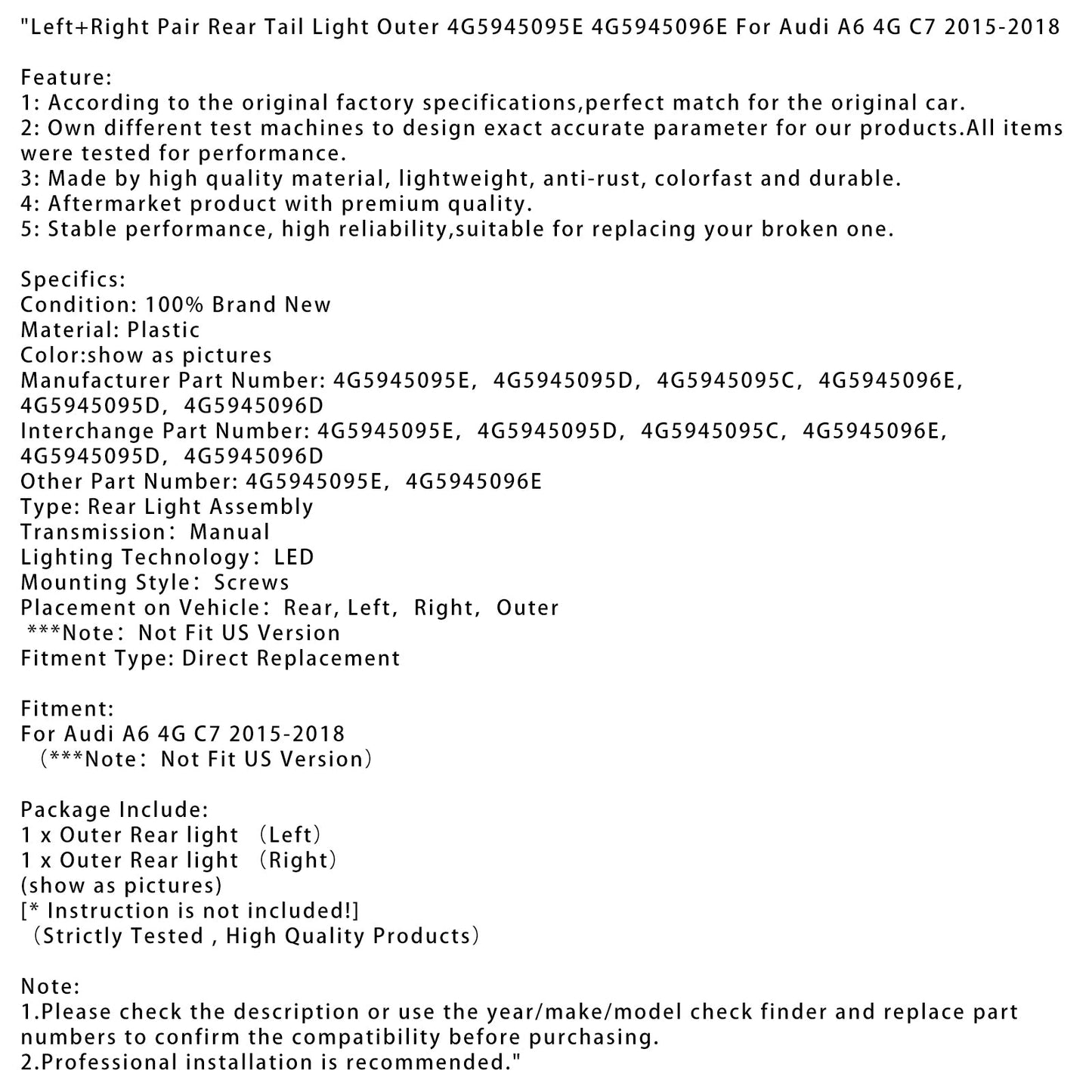 2015-2018 Audi A6 4G C7 Left+Right Pair Rear Tail Light Outer 4G5945095E 96E