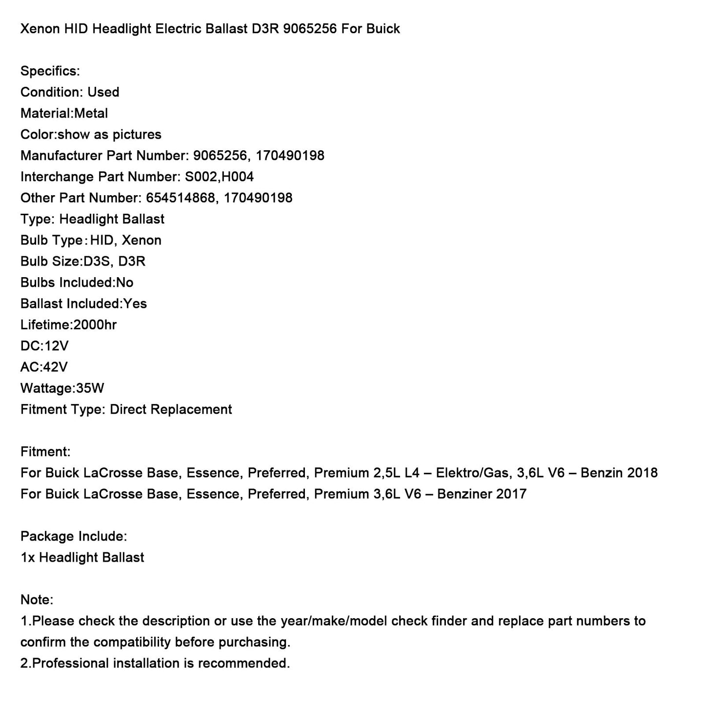 Xenon HID Headlight Electric Ballast D3S 9065256 For Buick