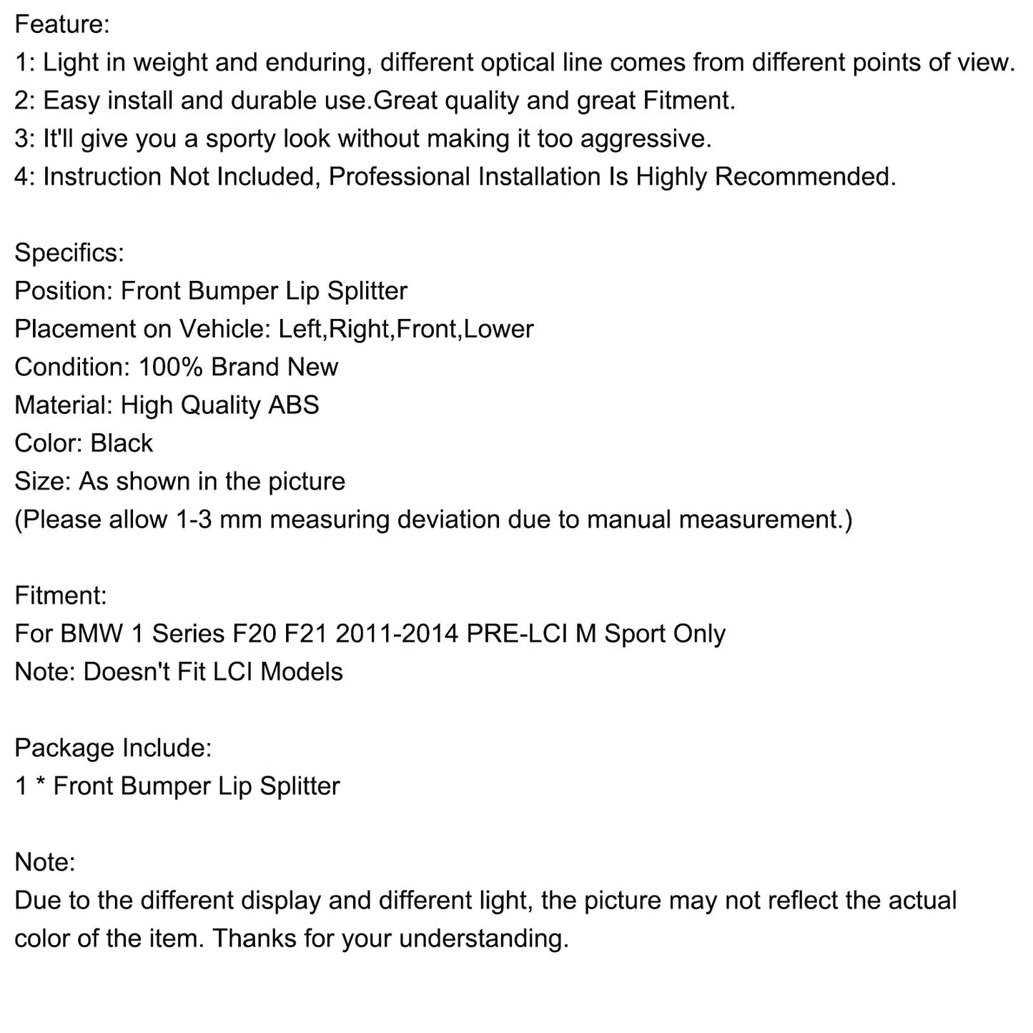 2011-2014 BMW 1 Series F20 F21 Pre-Lci M Performance Front Splitter Lip