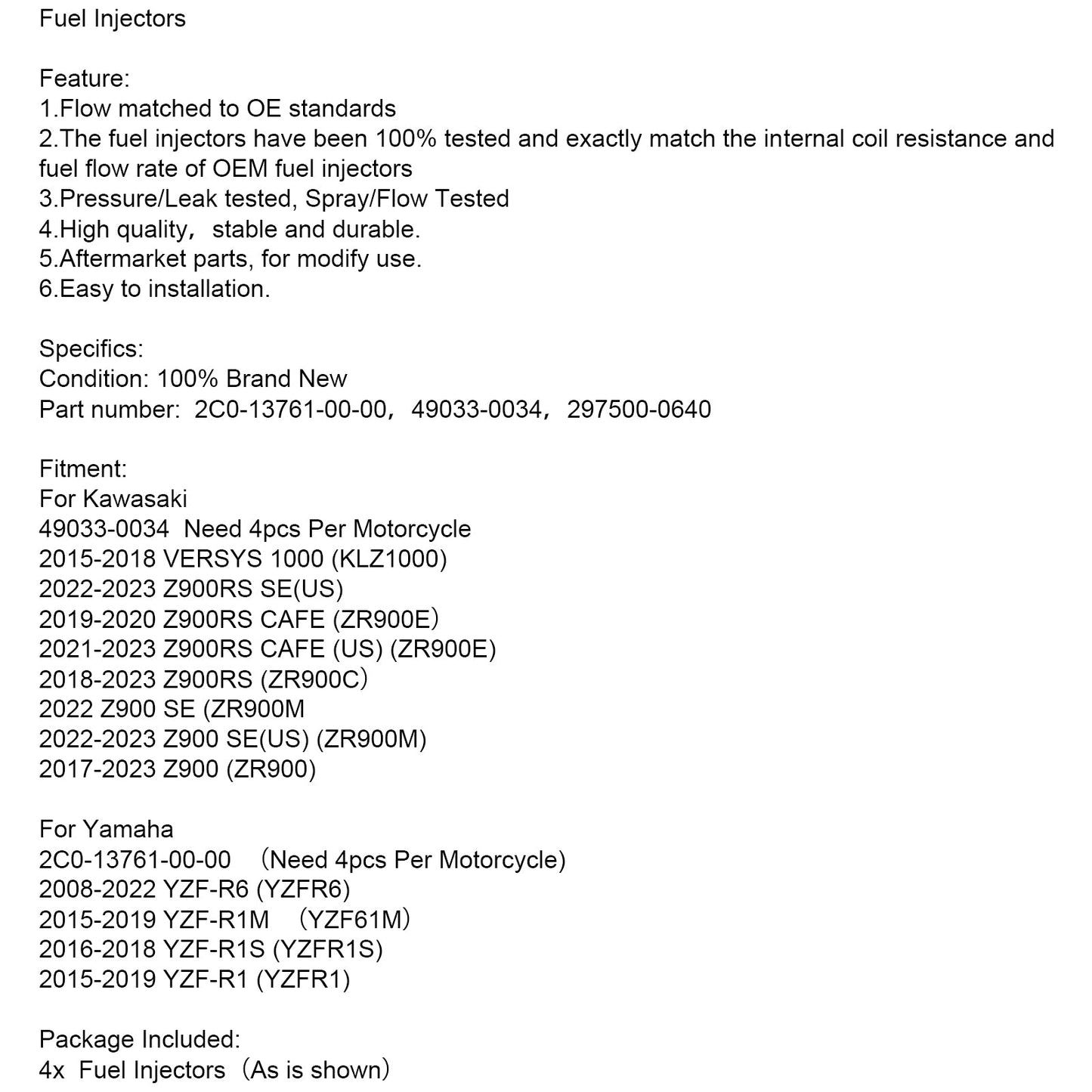 4PCS 49033-0034 297500-0640 Fuel Injectors 2C0-13761-00-00 For Yamaha YZF R1 R6