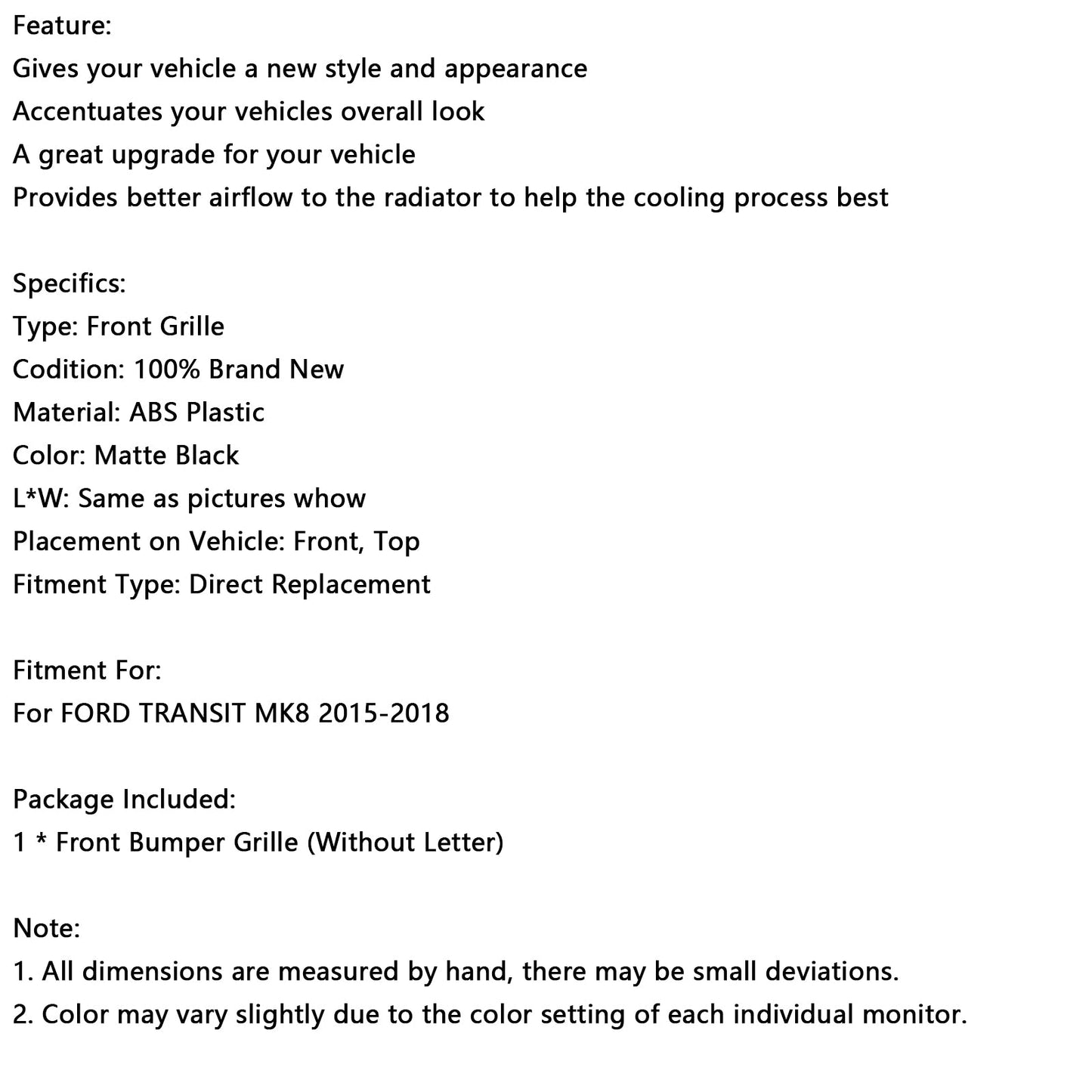 2015-2018 Ford Transit MK8 Raptor Matt Black Front Bumper Grill Grille