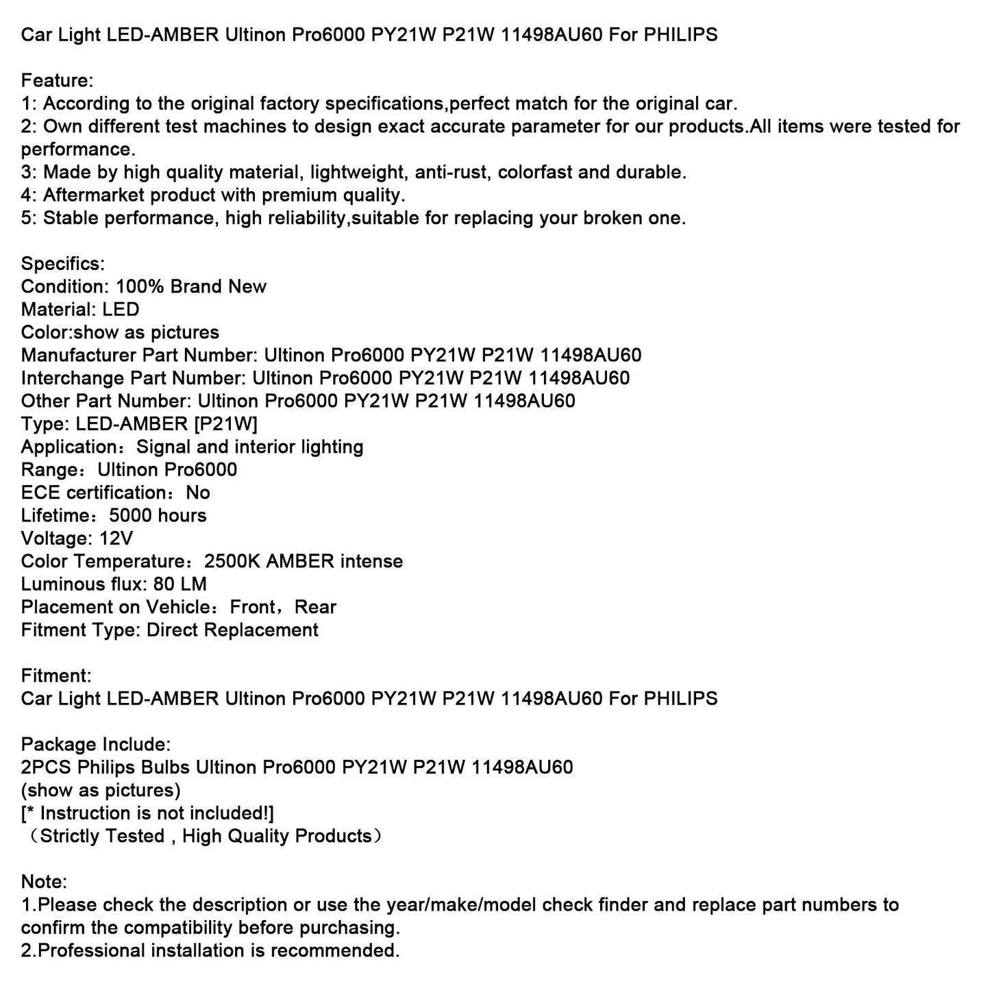 Car Light LED-AMBER Ultinon Pro6000 PY21W P21W 11498AU60 For PHILIPS