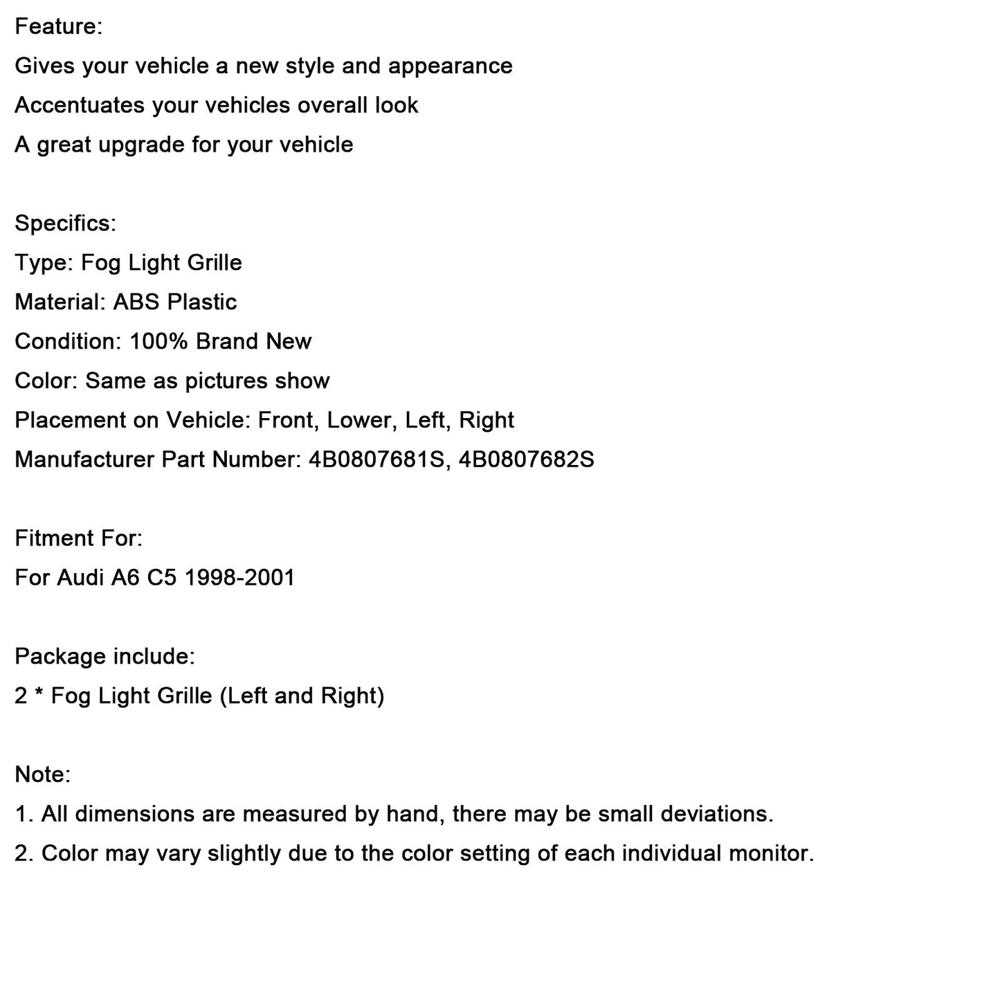 1998-2001 Audi A6 C5 2PCS Front Lower Bumper Fog Light Cover Grille