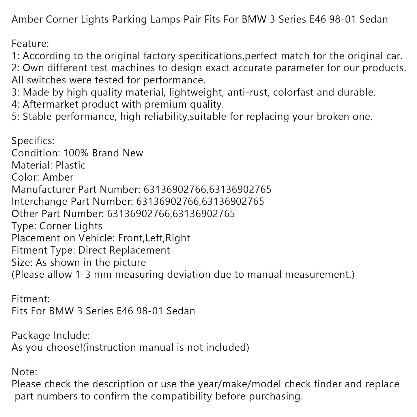 1998-2001 BMW 3 Series E46 Sedan Pair Amber Corner Side Light 63136902766