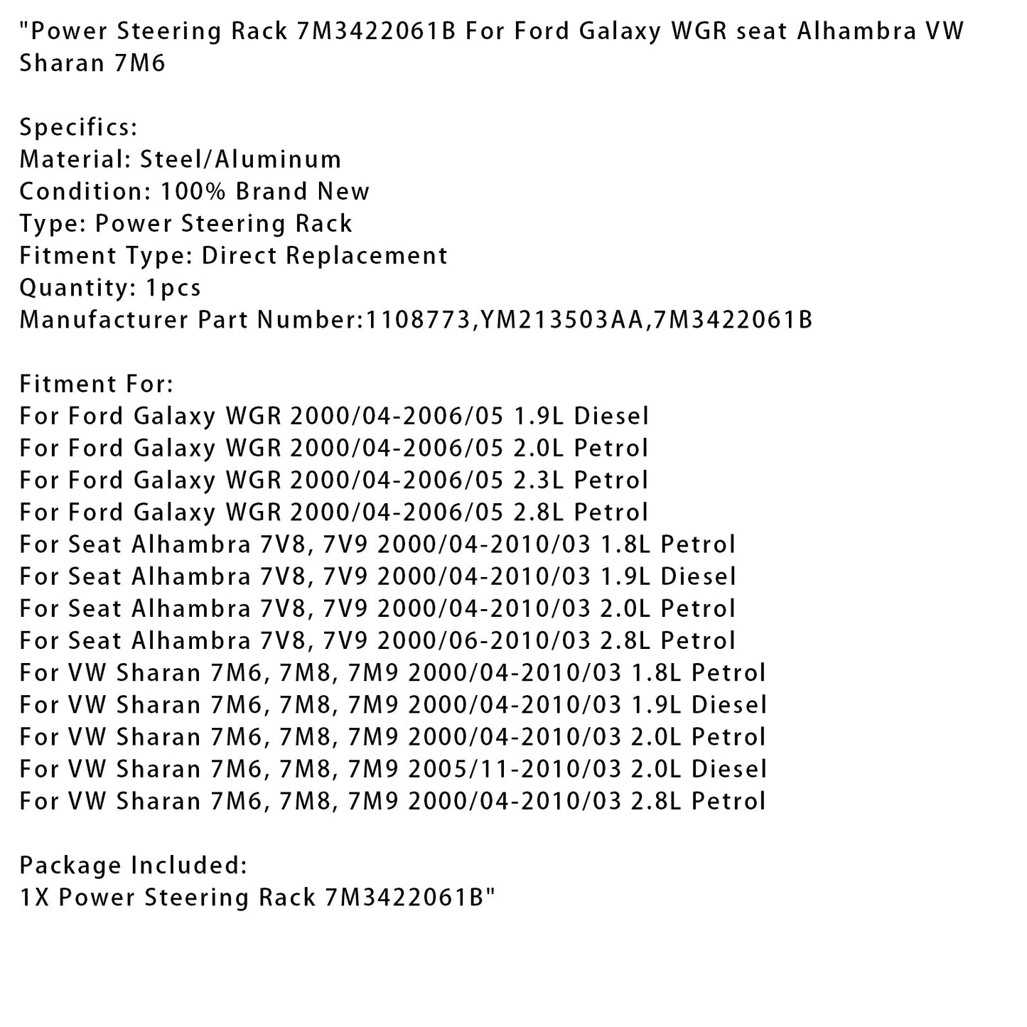 2000/04-2010/03 VW Sharan 7M6, 7M8, 7M9 1.9L Diesel Power Steering Rack 7M3422061B 1108773