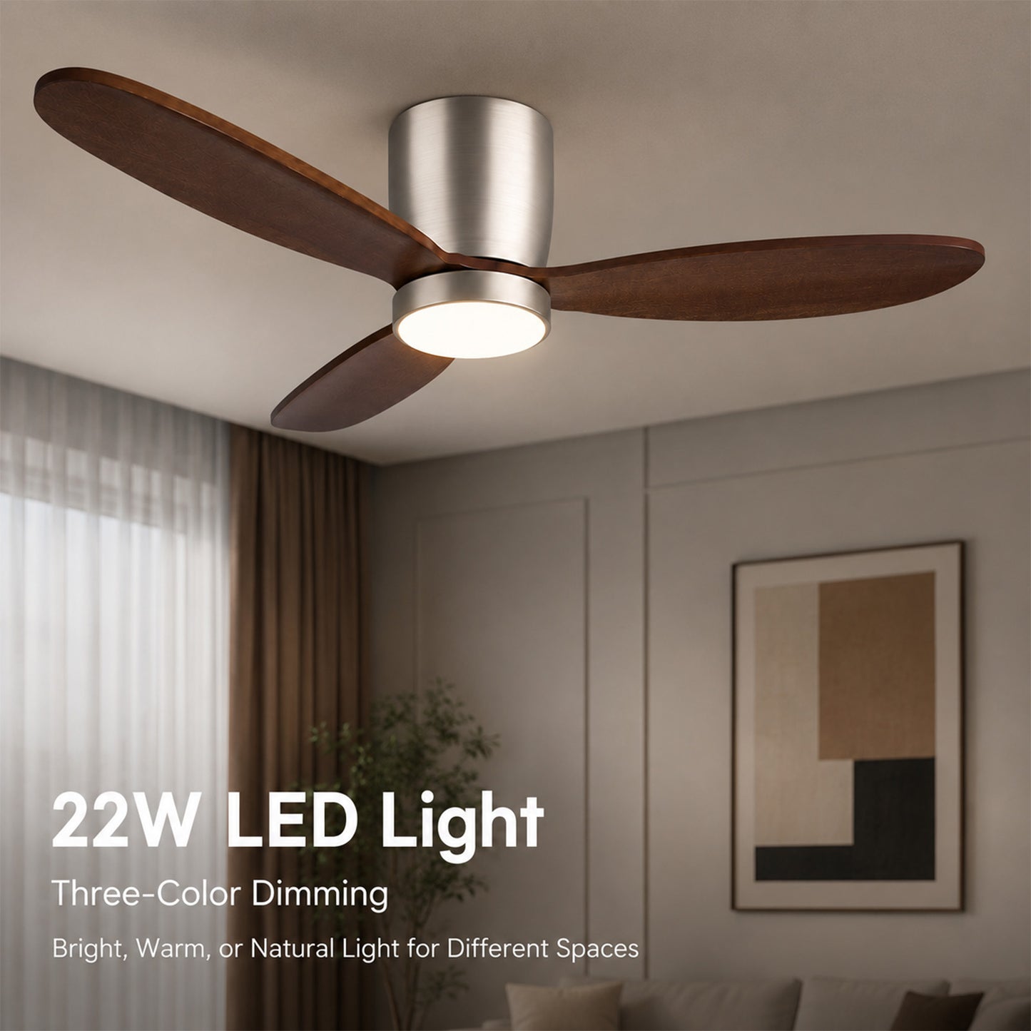 52" Flush Mount Ceiling Fan with Light APP & Remote Control Solid Wood Blades