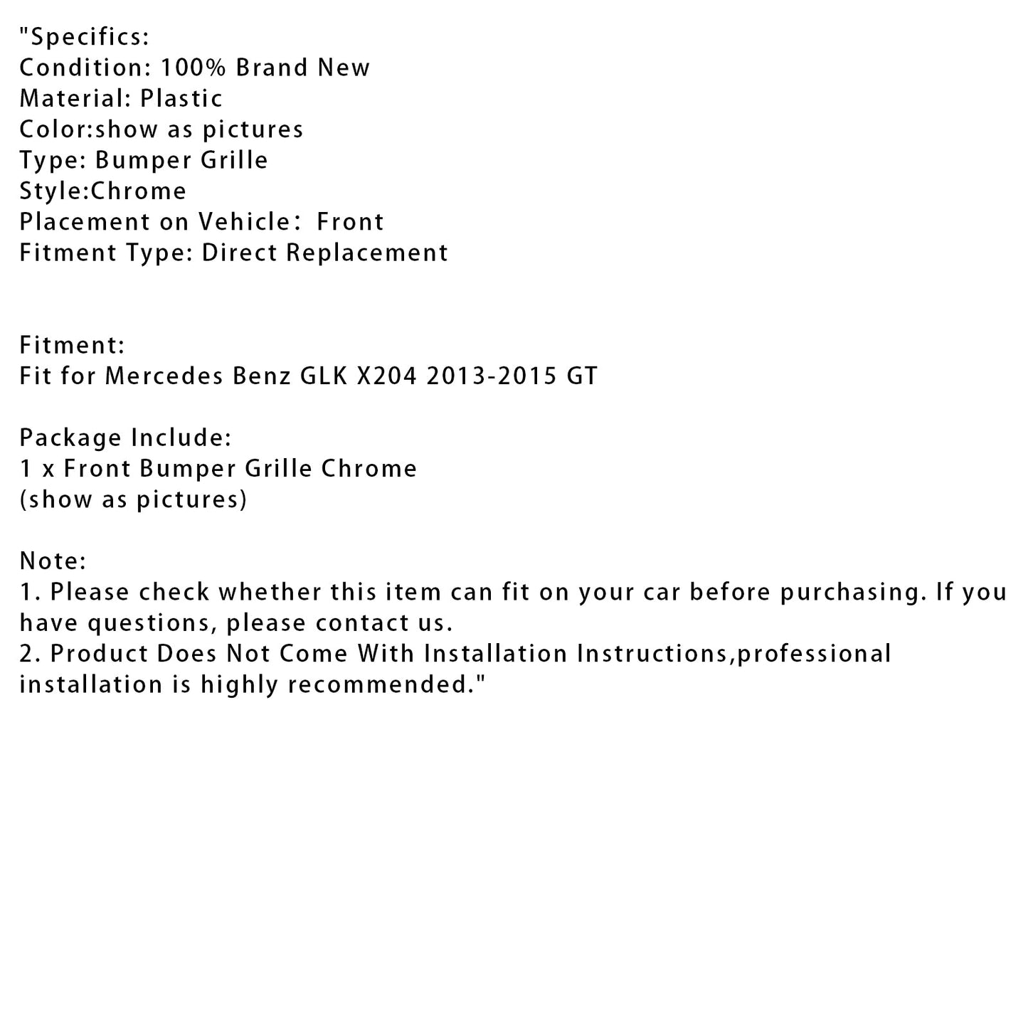 2013-2015 Mercedes Benz GLK X204 GT Front Grille Grill Mesh Chrome