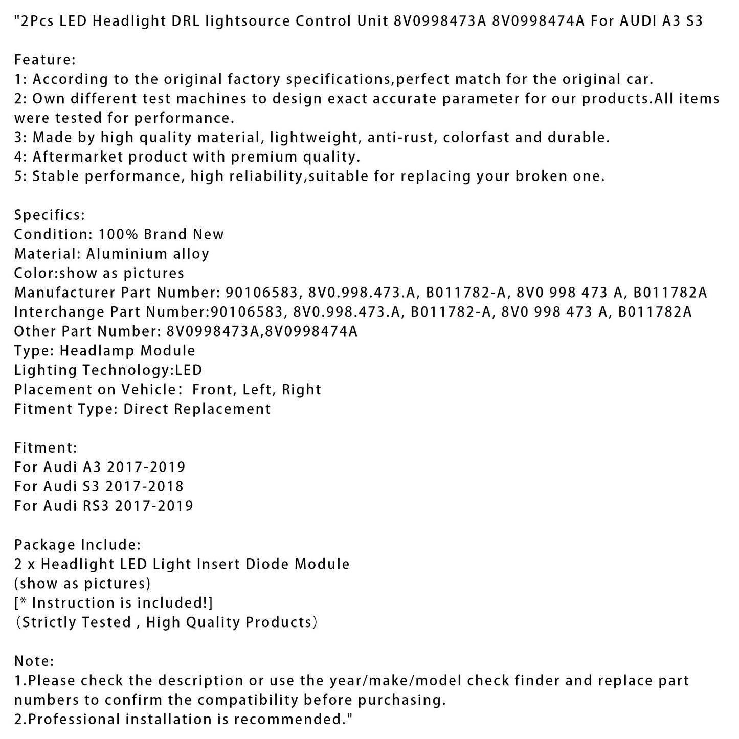 2017-2018 Audi S3 2Pcs LED Headlight DRL lightsource Control Unit 8V0998473A 8V0998474A