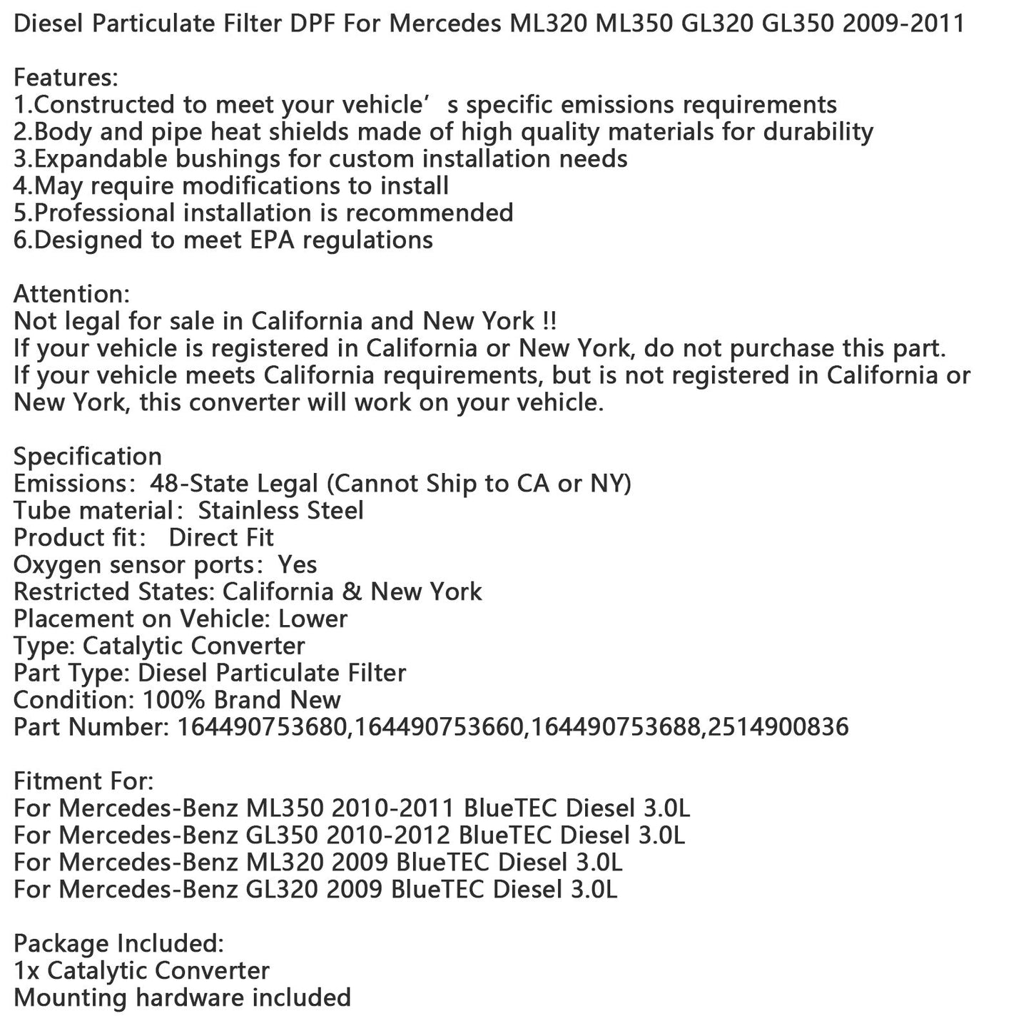2009 Mercedes-Benz ML320 BlueTEC Diesel 3.0L Diesel Particulate Filter DPF 164490753680 164490753660