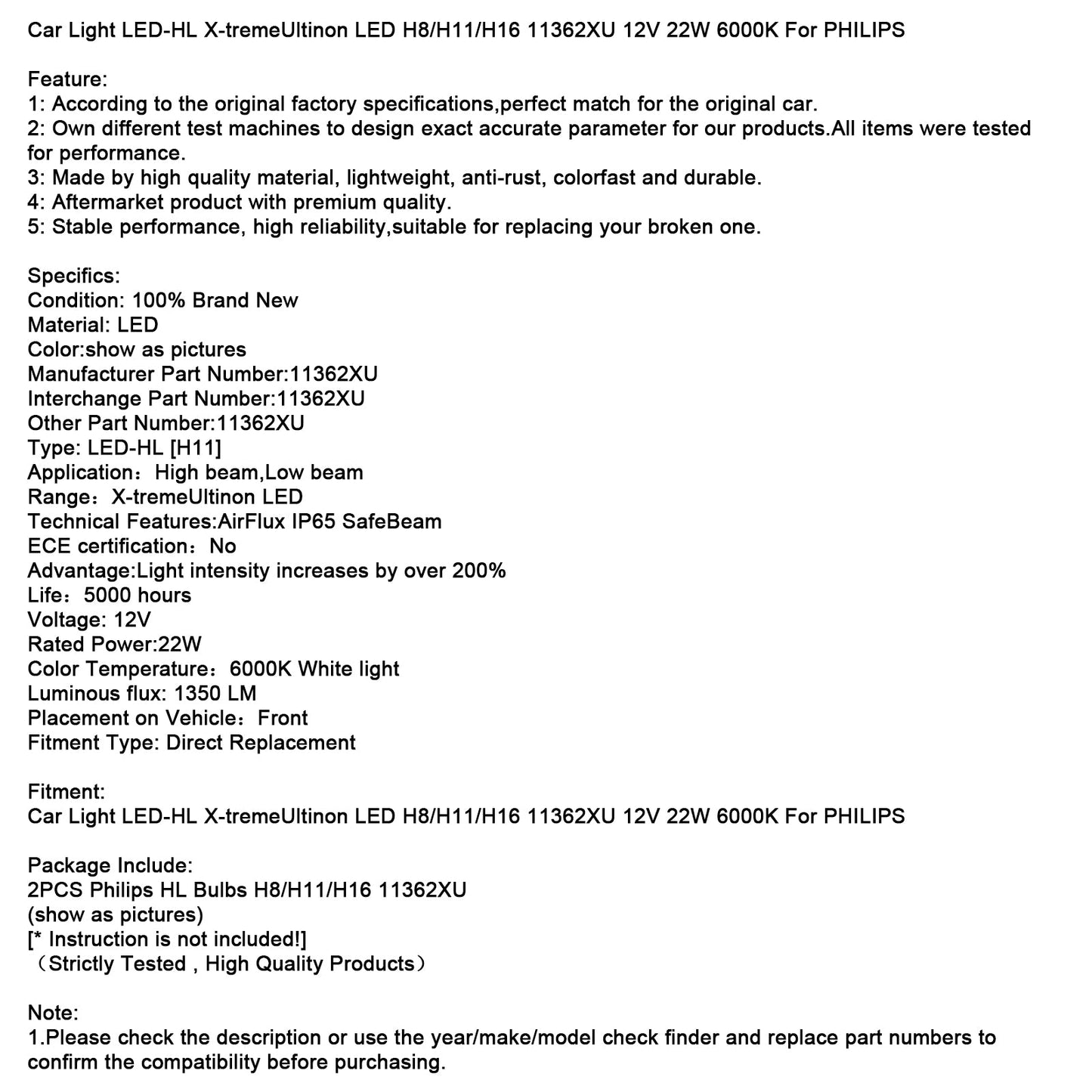 Car Light LED-HL X-tremeUltinon LED H8/H11/H16 11362XU 12V 22W For PHILIPS