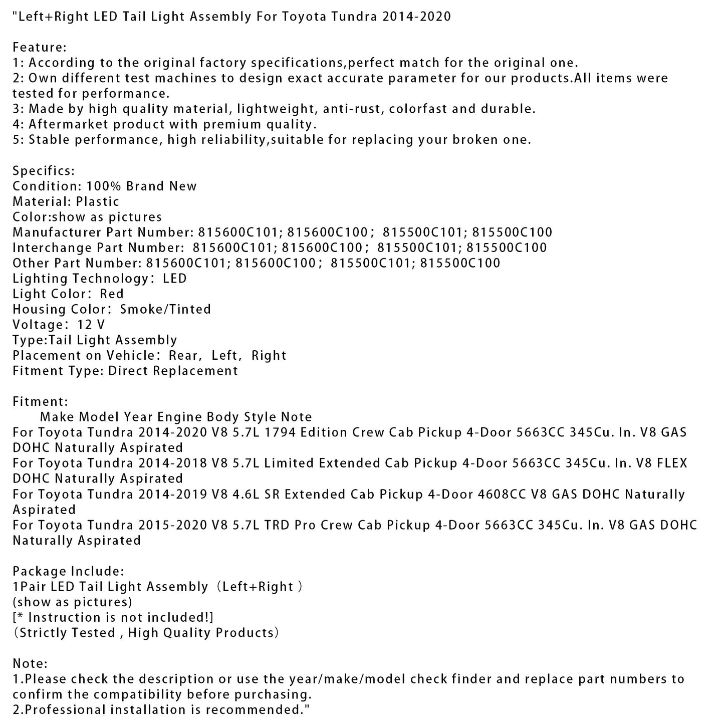 2014-2020 Toyota Tundra Left+Right LED Tail Light Assembly 815600C101 815600C100