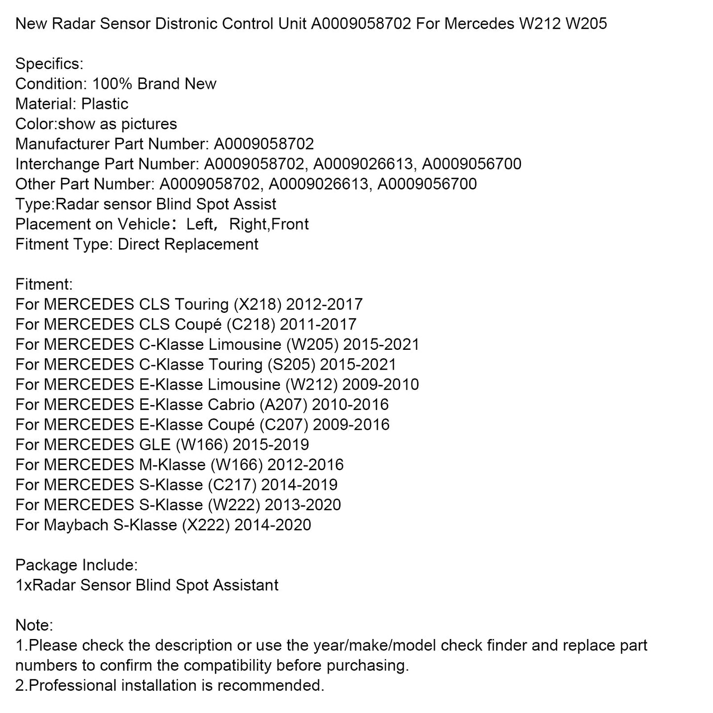 2014-2019 MERCEDES S-Klasse (C217) New Radar Sensor Distronic Control Unit A000905870 A0009026613