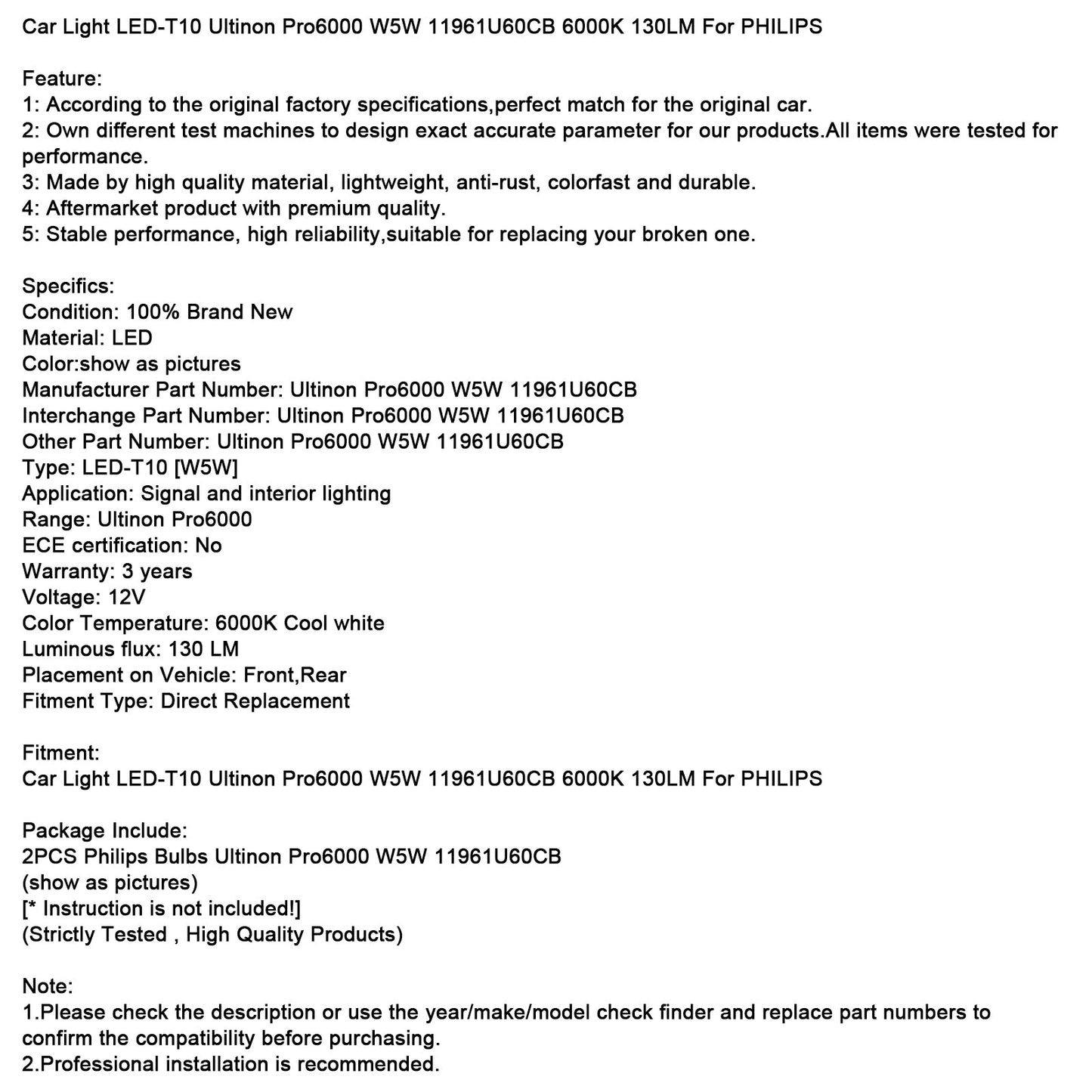 Car Light LED-T10 Ultinon Pro6000 W5W 11961U60CB 6000K 130LM For PHILIPS