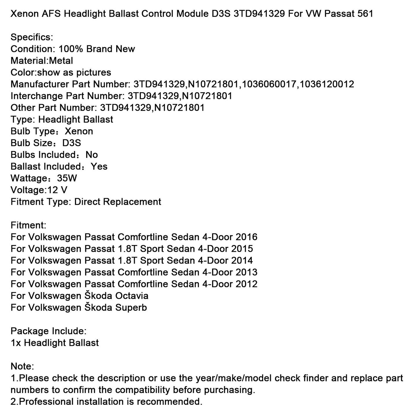 Xenon AFS Headlight Ballast Control Module D3S 3TD941329 For VW Passat 561