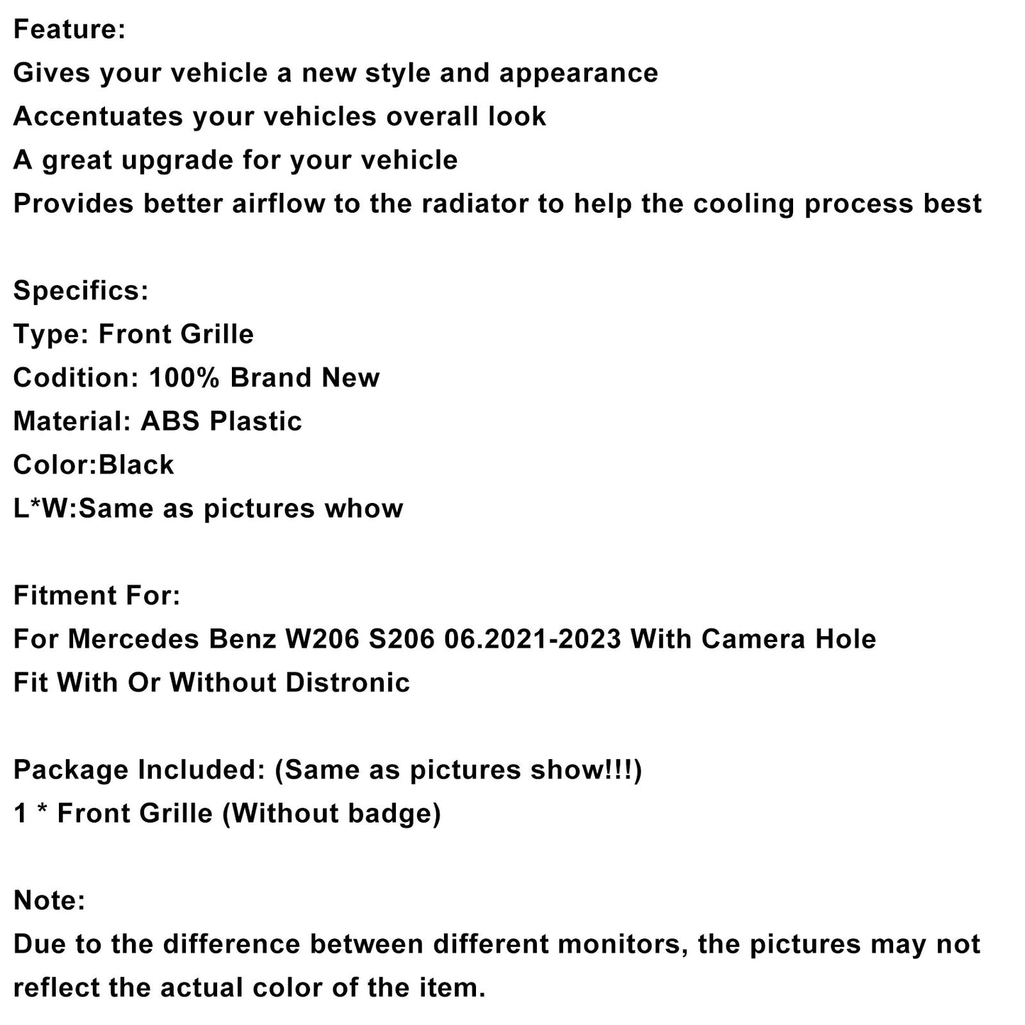 2022-2023 Mercedes Benz W206 W/Camera GTR Style Front Bumper Grille Grill