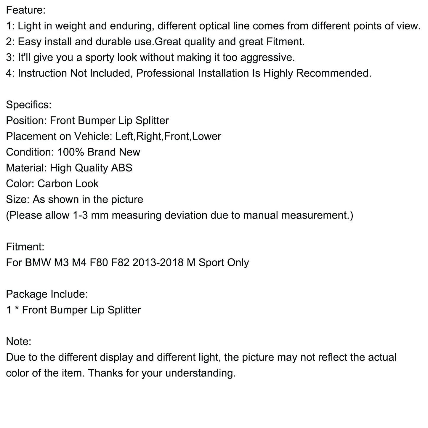 Carbon Look Front Lip Splitter Spoiler Fit BMW M3 M4 F80 F82 Performance Style