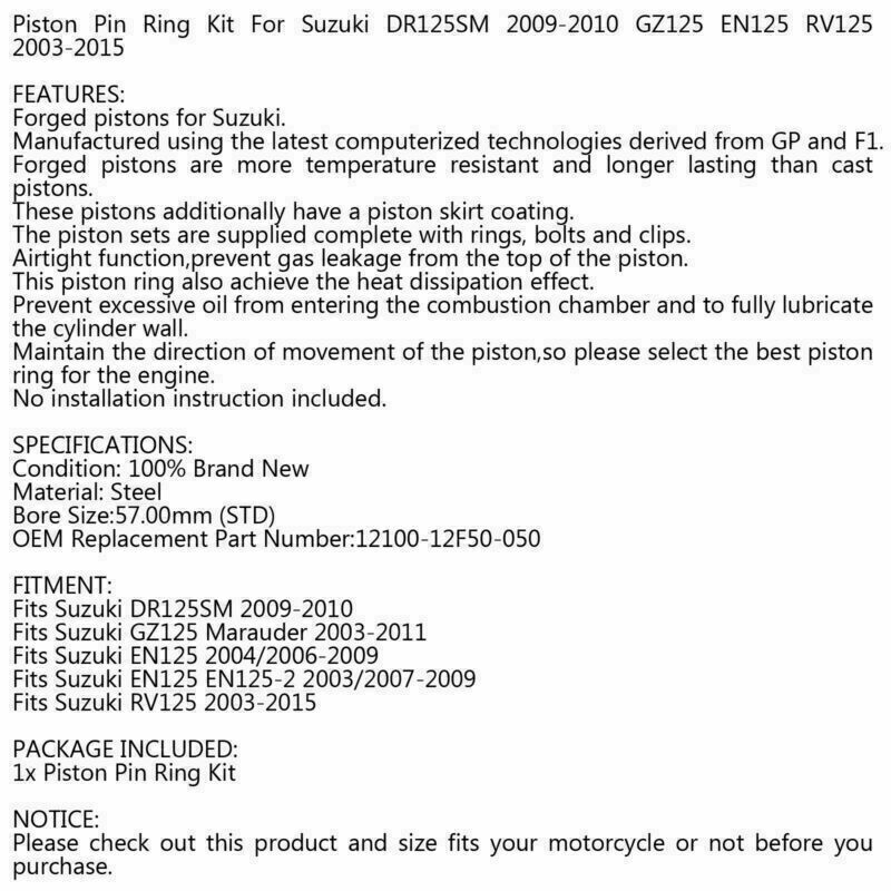 EN125 RV125 Piston 57.00mm Suzuki Ring Kit STD 12100-12F50-050 Fits 2003-2015/A5
