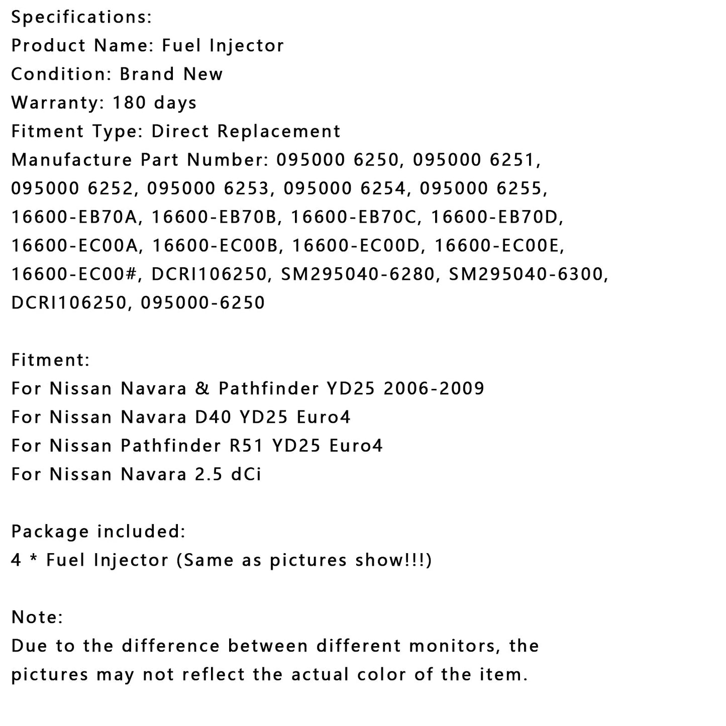 Nissan Pathfinder R51 YD25 Euro4 4PCS Fuel Injector 16600-EB70A 095000-6250