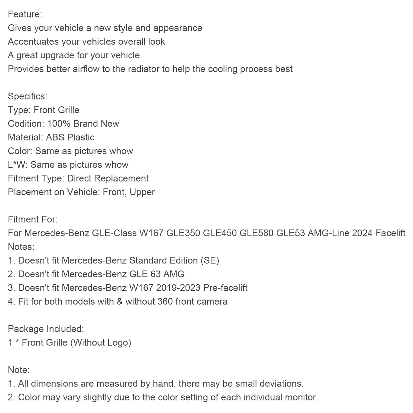 2024 Mercedes Benz W167 GLE350 GLE450 AMG-Line Front Bumper Grill Grille