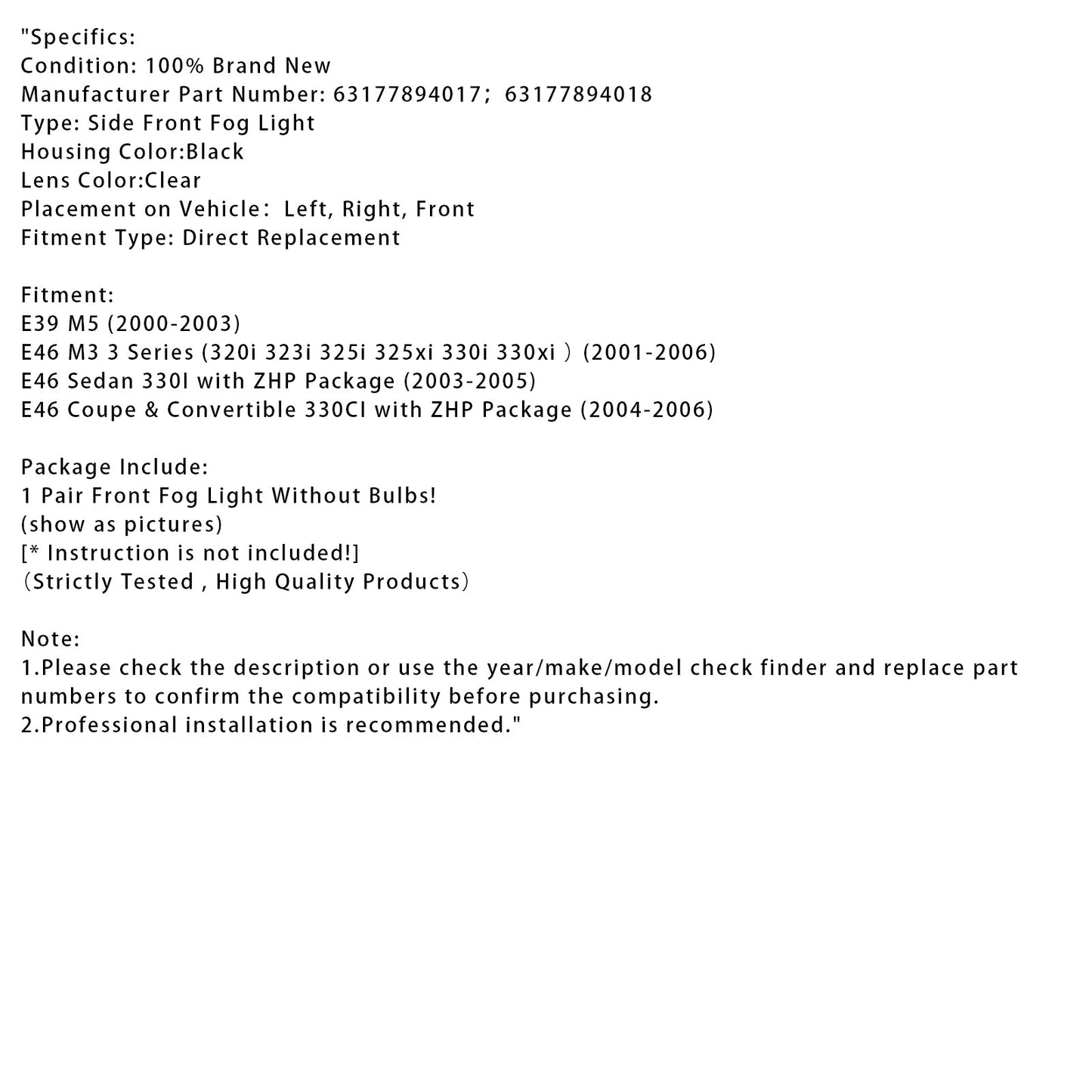 Pair Front Fog Light Lamps Without Bulbs For BMW E46 3 Series 2001-2006