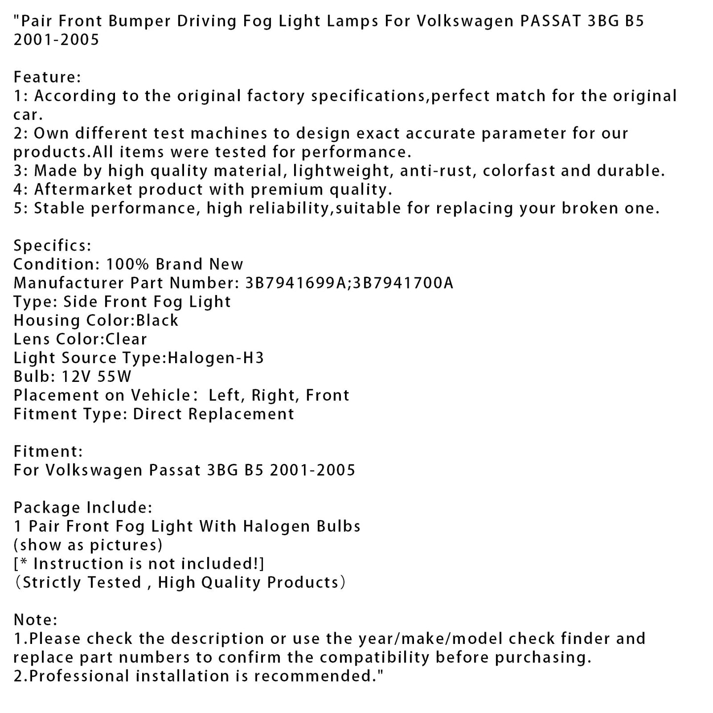 2001-2005 Volkswagen PASSAT 3BG B5 Pair Front Bumper Driving Fog Light Lamps