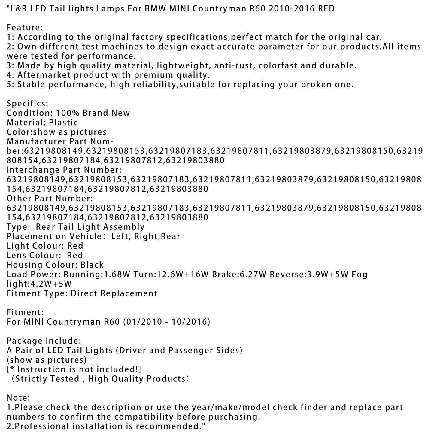01/2010-10/2016 MINI Countryman R60 L&R LED Tail lights Lamps RED 63219808149 63219808153