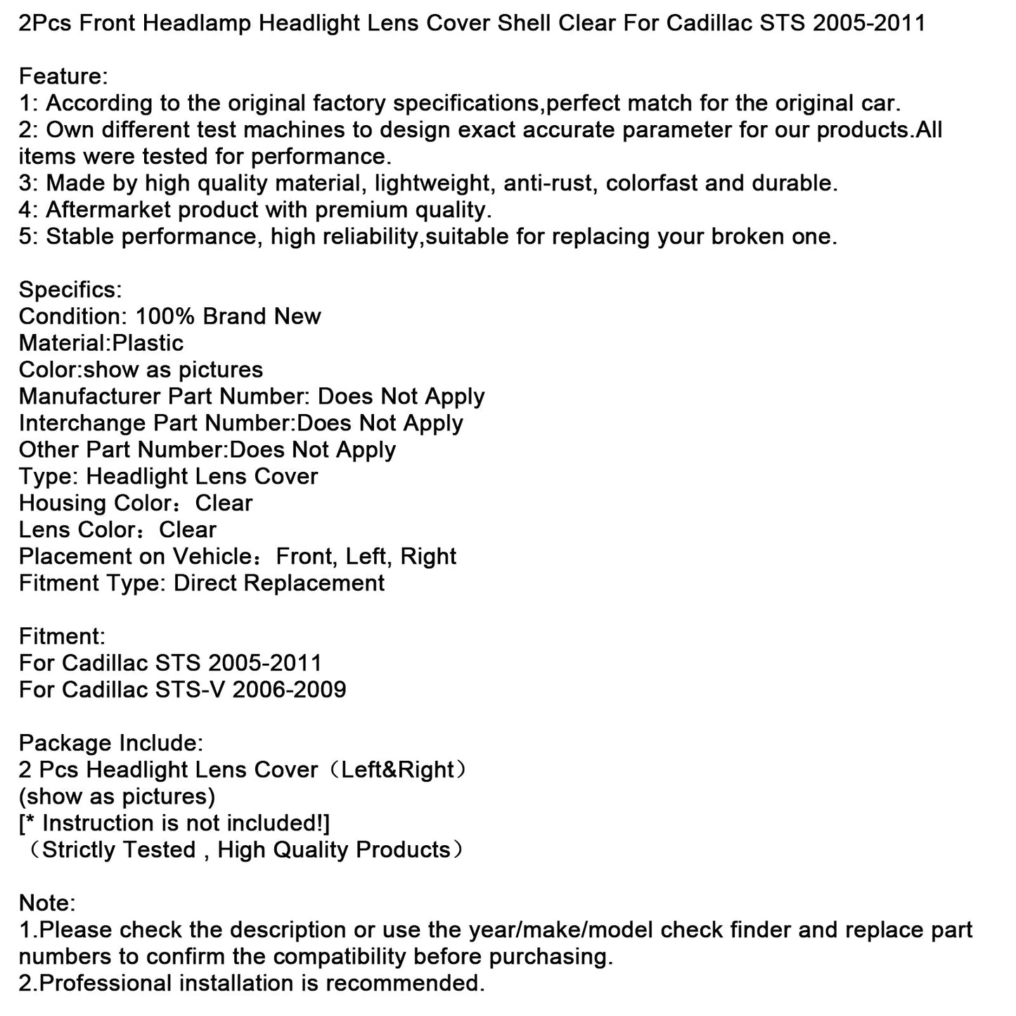 2005-2011 Cadillac STS 2Pcs Front Headlight Lens Cover Shell Clear
