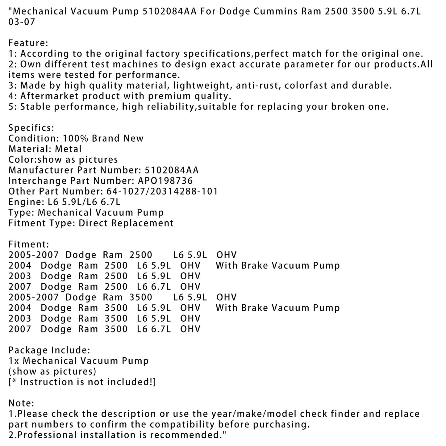 Mechanical Vacuum Pump For Dodge Cummins Ram 2500 3500 5.9L 6.7L 03-07 5102084AA