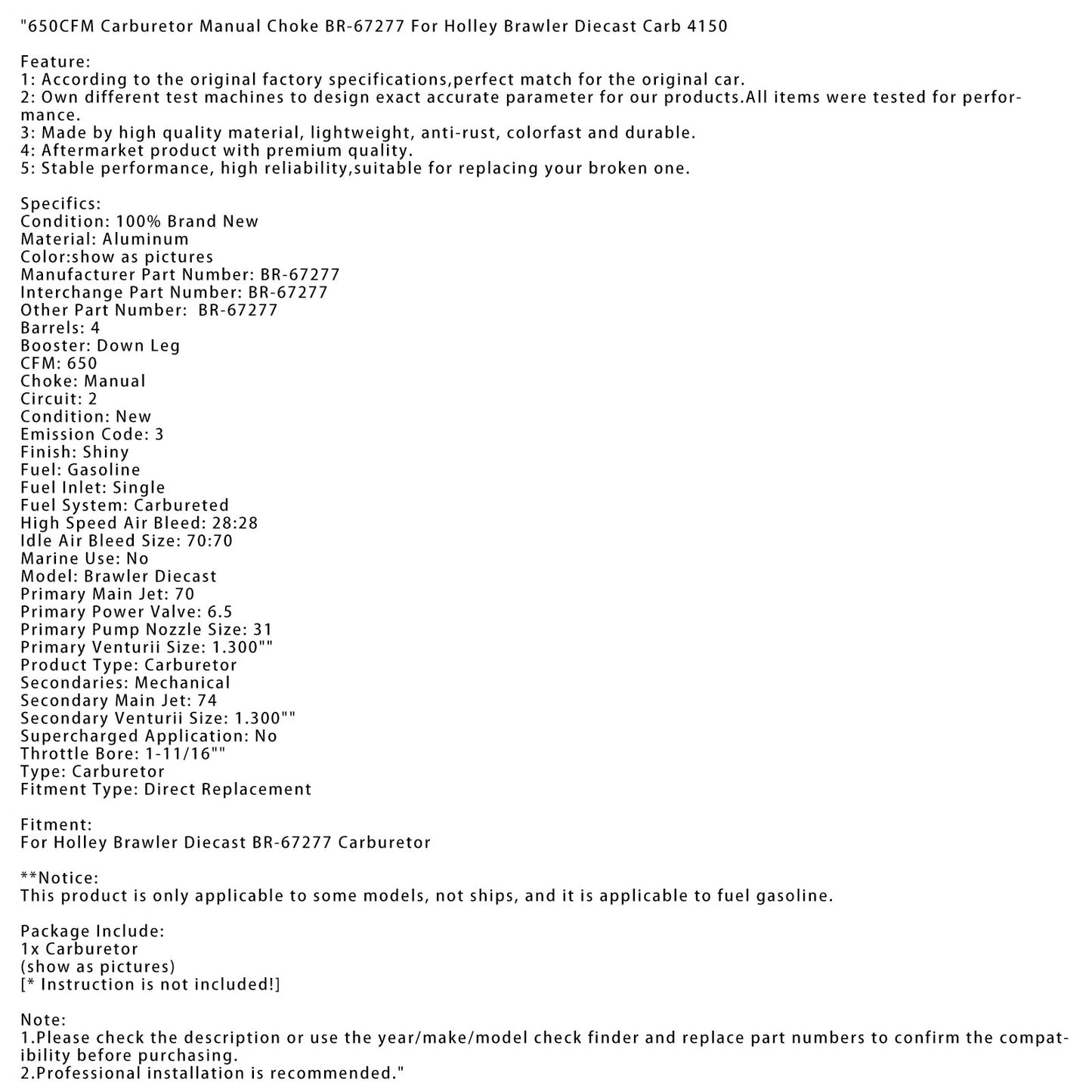 Holley Brawler Diecast Carb 4150 650CFM Carburetor Manual Choke BR-67277