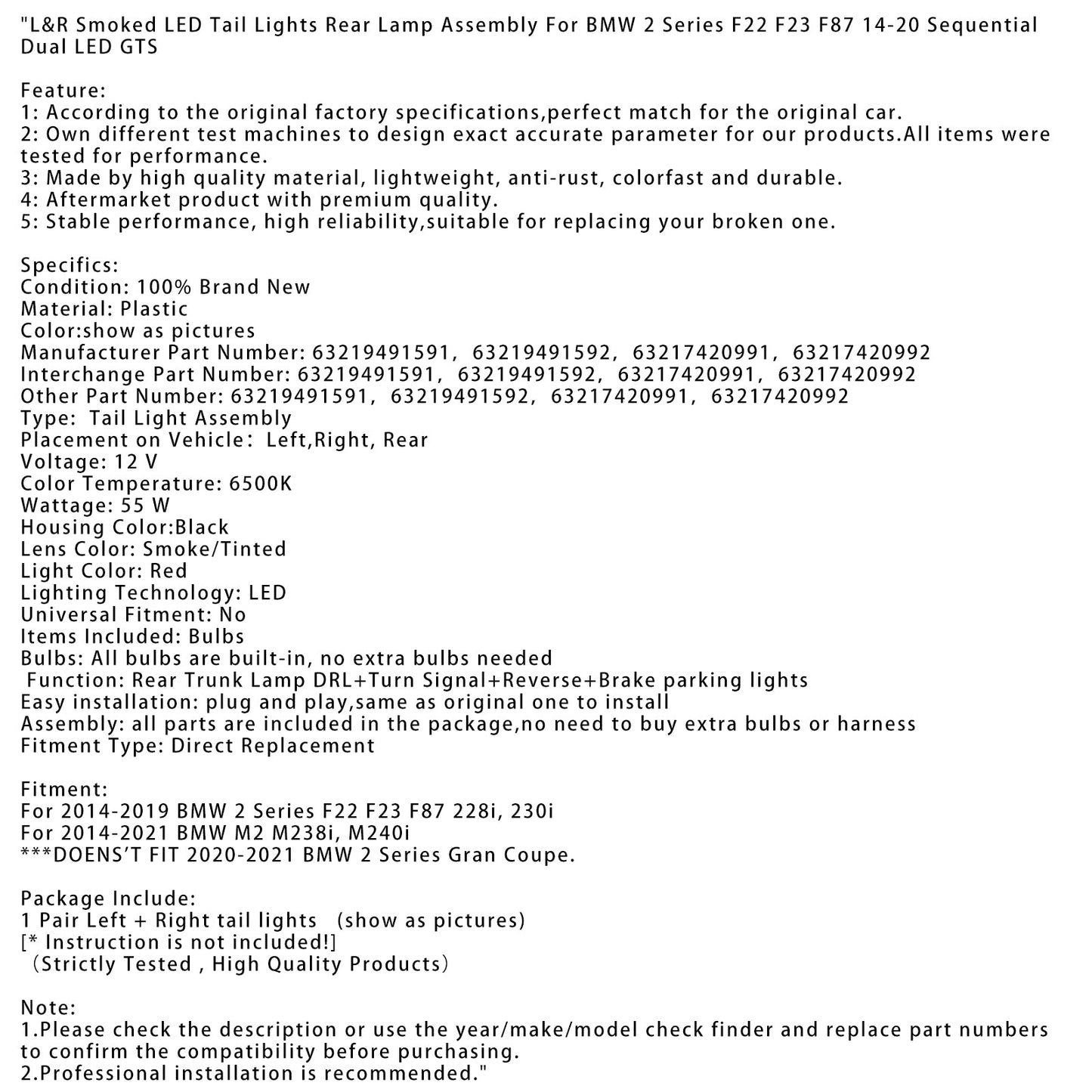 L&R Smoked LED Tail Lights Rear Lamp Assembly For BMW 2 F22 F23 F87 14-20