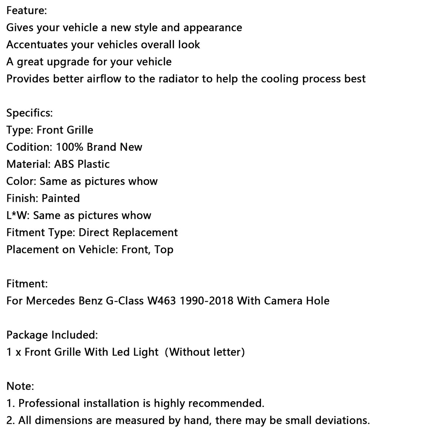 1990-2018 Mercedes Benz G-Class W463 With Camera Hole Gloss Black Front Bumper Grill Grille