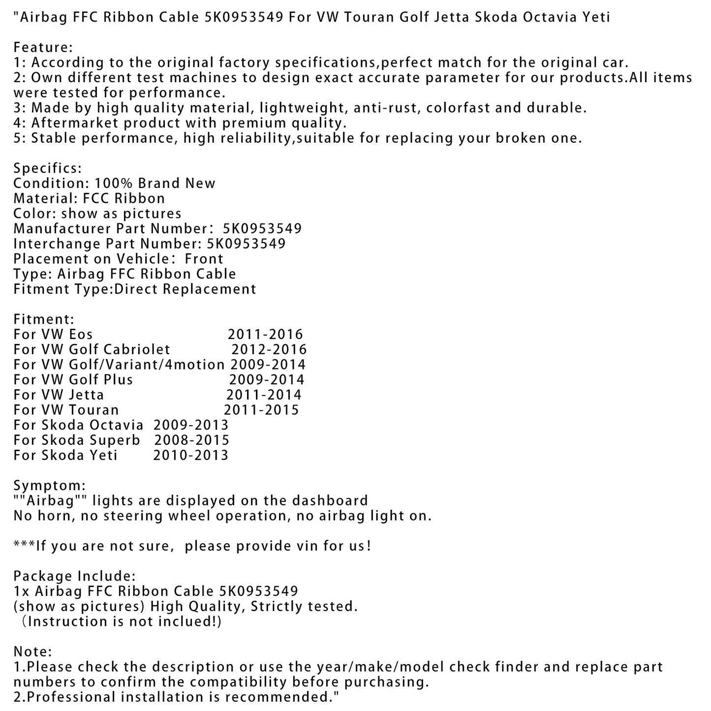 2012-2016 VW Golf Cabriolet Airbag FFC Ribbon Cable 5K0953549