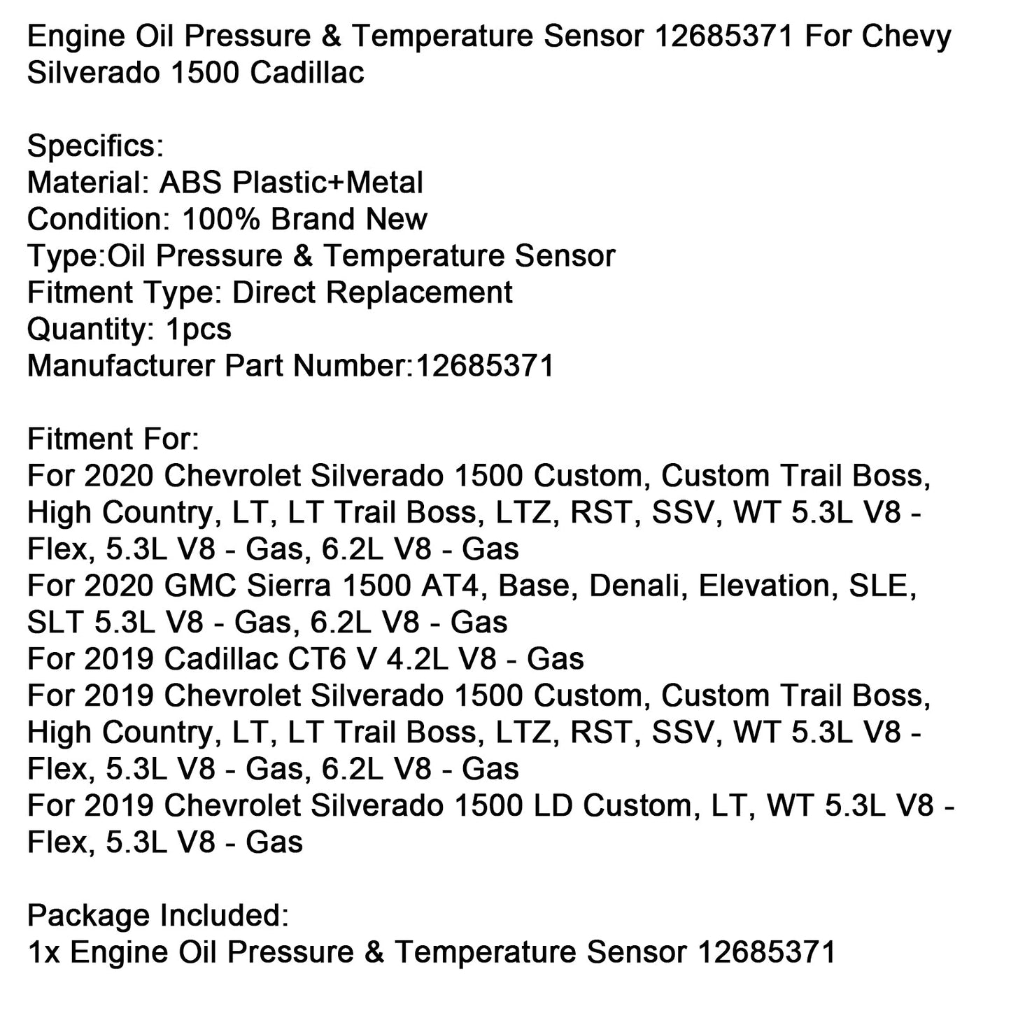 Engine Oil Pressure & Temperature Sensor 12685371 For Chevy Silverado Cadillac
