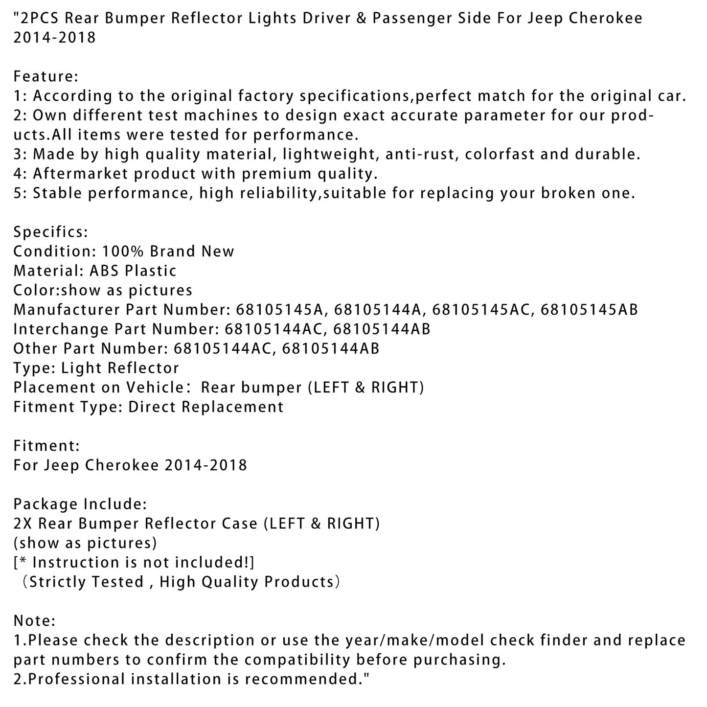 2PCS Rear Bumper Reflector Lights For Jeep Cherokee 2014-2018