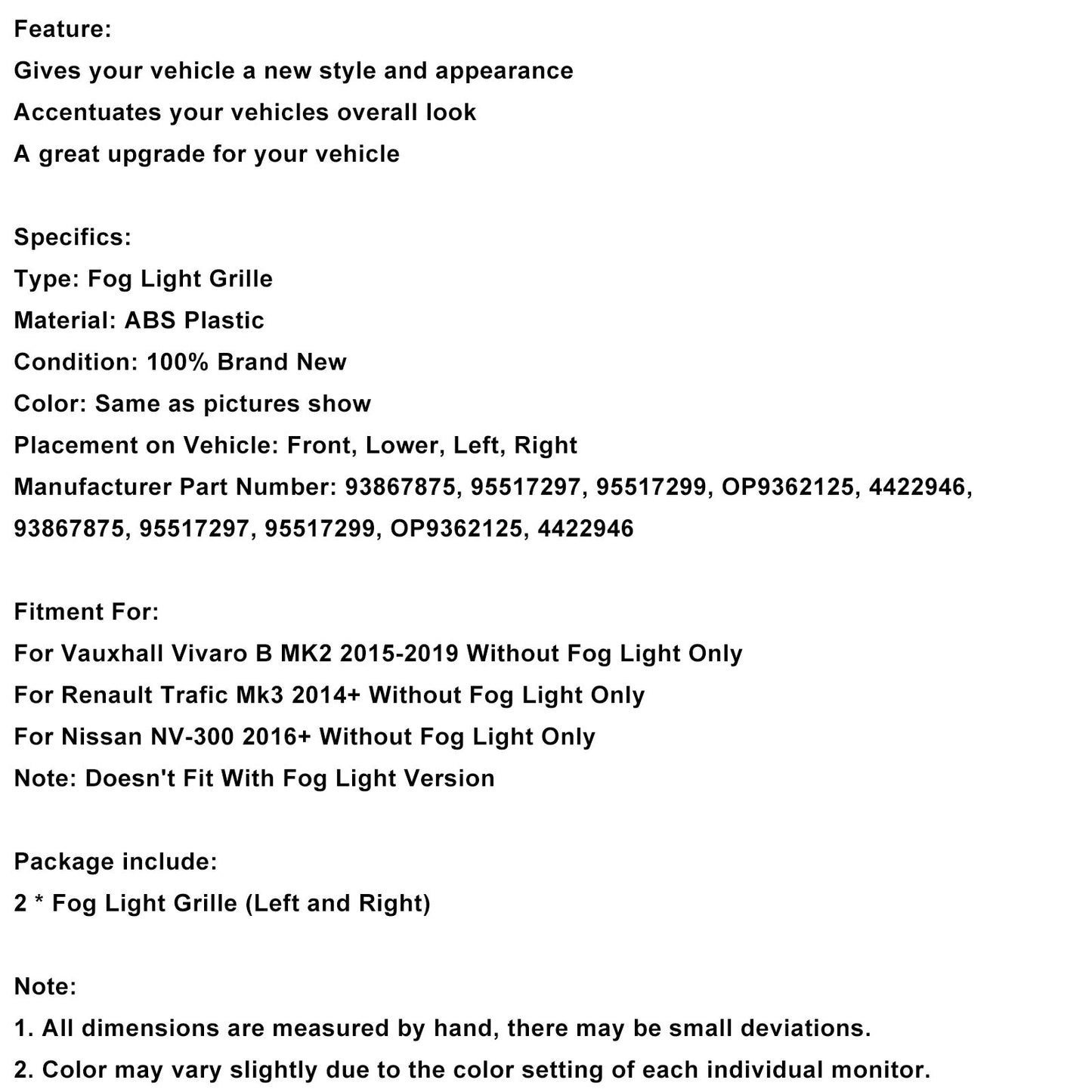 2016+ Nissan NV-300 2PCS Front Bumper Fog Light Cover Grille