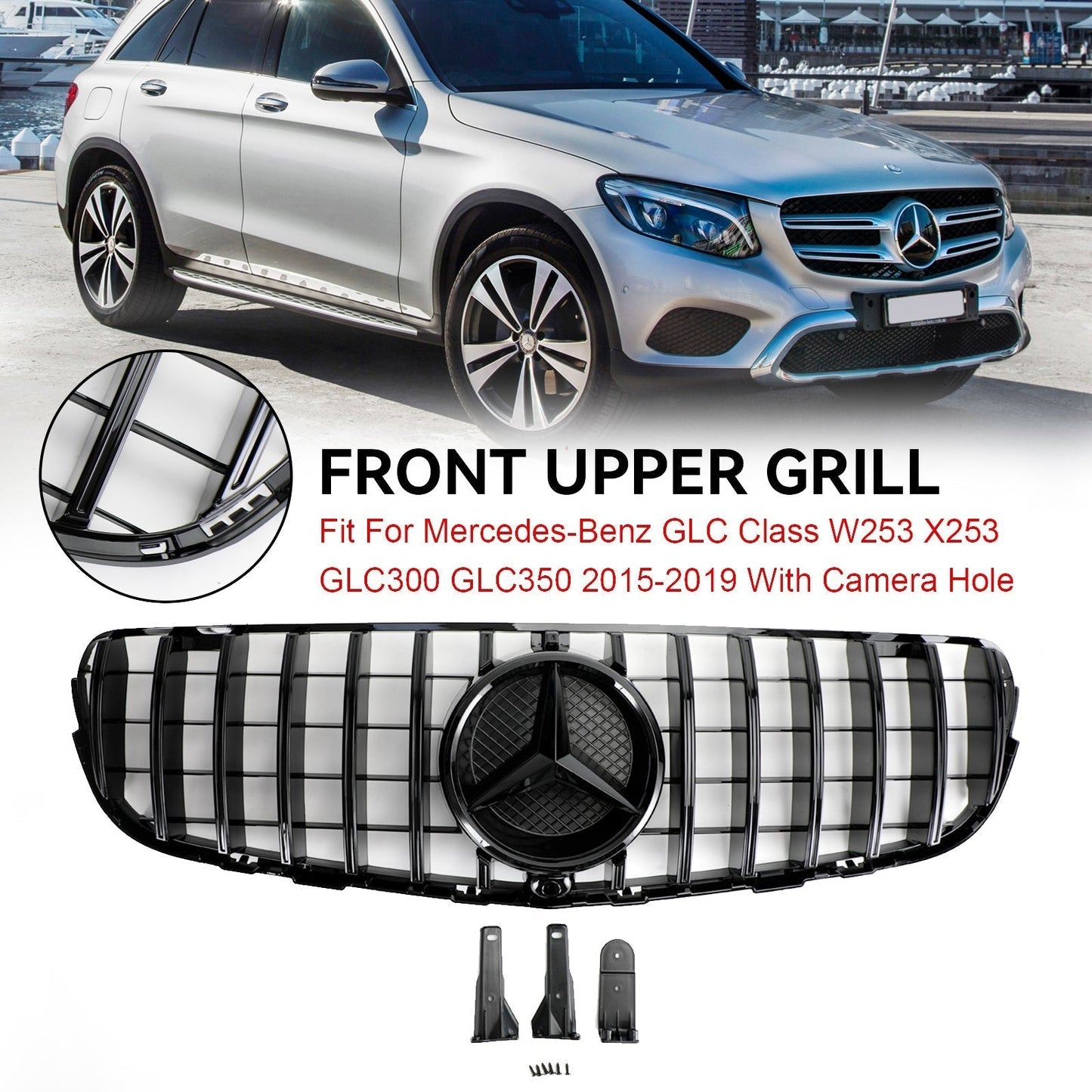 2015-2019 GLC Class GLC300 Mercedes Benz X253 C253 Front Bumper Grille Grill Gloss with badge Black