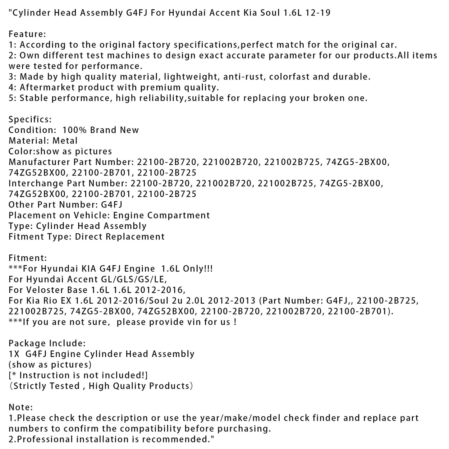 2012-2013 Kia Rio EX 1.6L 2012-2016/Soul 2u 2.0L Cylinder Head Assembly Hyundai KIA G4FJ Engine 1.6L G4FJ 22100-2B720