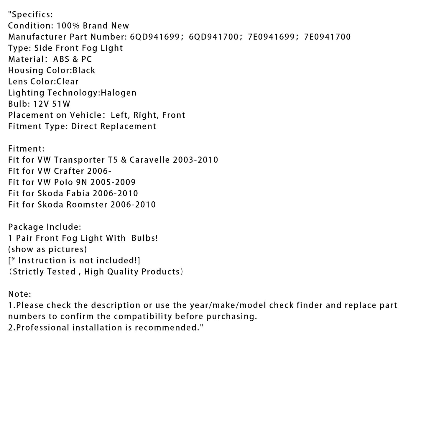 Pair Front Fog Light With Bulbs For VW Transporter T5 & Caravelle 2003-2010