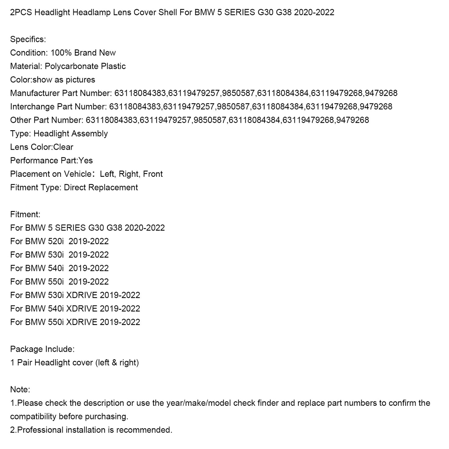 2019-2022 BMW 550i 2PCS Headlight Headlamp Lens Cover Shell 63118084383