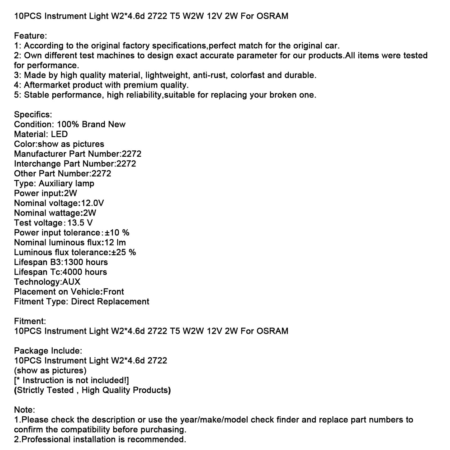 10PCS Instrument Light W2*4.6d 2722 T5 W2W 12V 2W For OSRAM