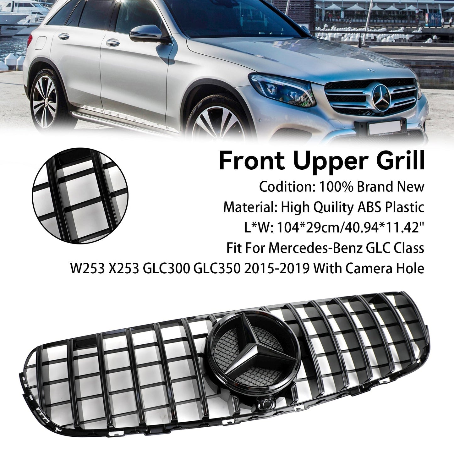 2015-2019 GLC Class GLC300 Mercedes Benz X253 C253 Front Bumper Grille Grill Gloss with badge Black